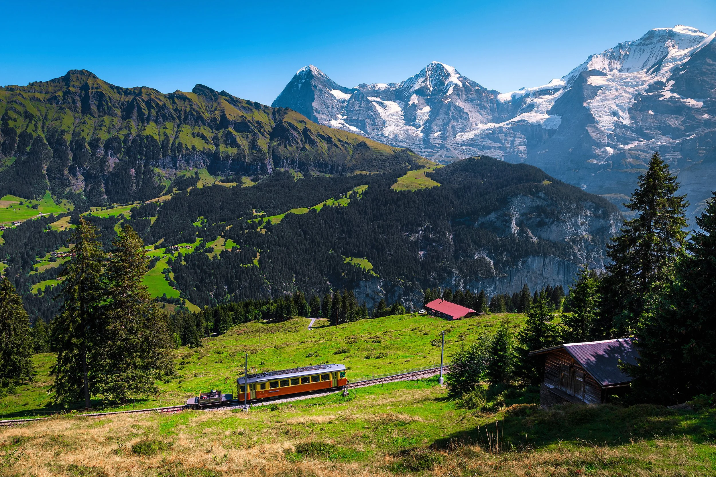 The pint-sized mountain train that runs between Grütschalp and the village of Mürren, Switzerland.