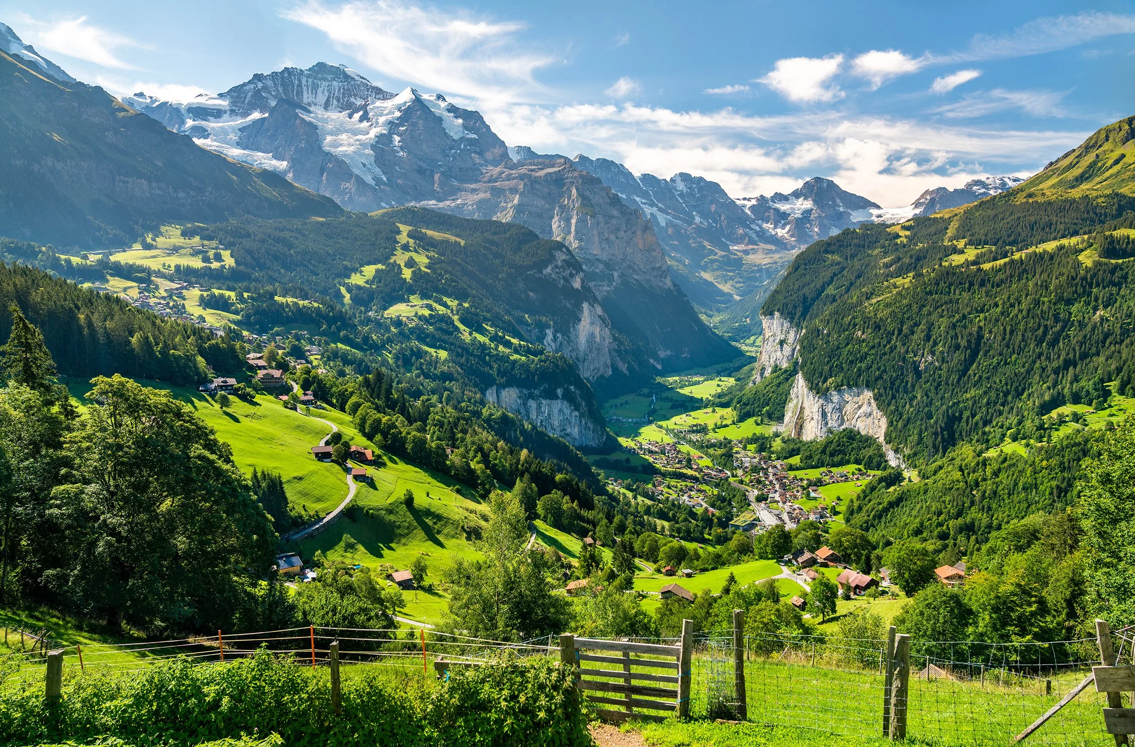 The Lauterbrunnen Valley viewed from the meadows above Wengen, Switzerland.