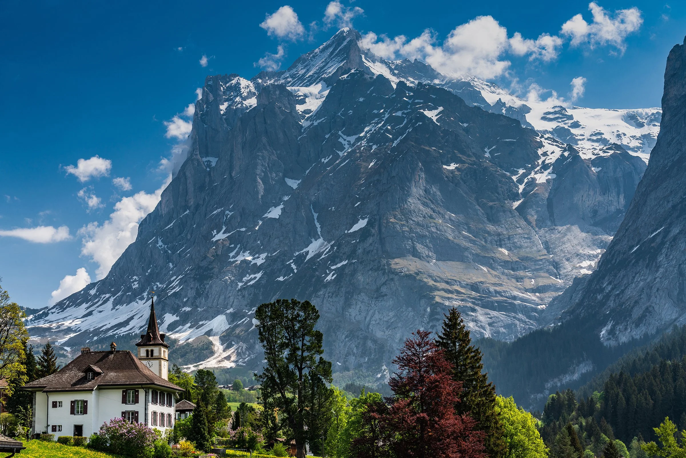 The Wetterhorn mountain viewed from the village of Grindelwald, Switzerland.