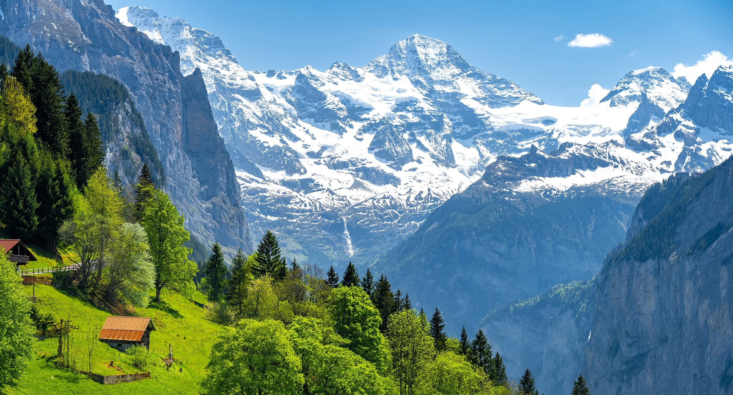 The peaks of the Jungfrau region viewed from a sunny alp above the village of Wengen—Berner Oberland, Switzerland.