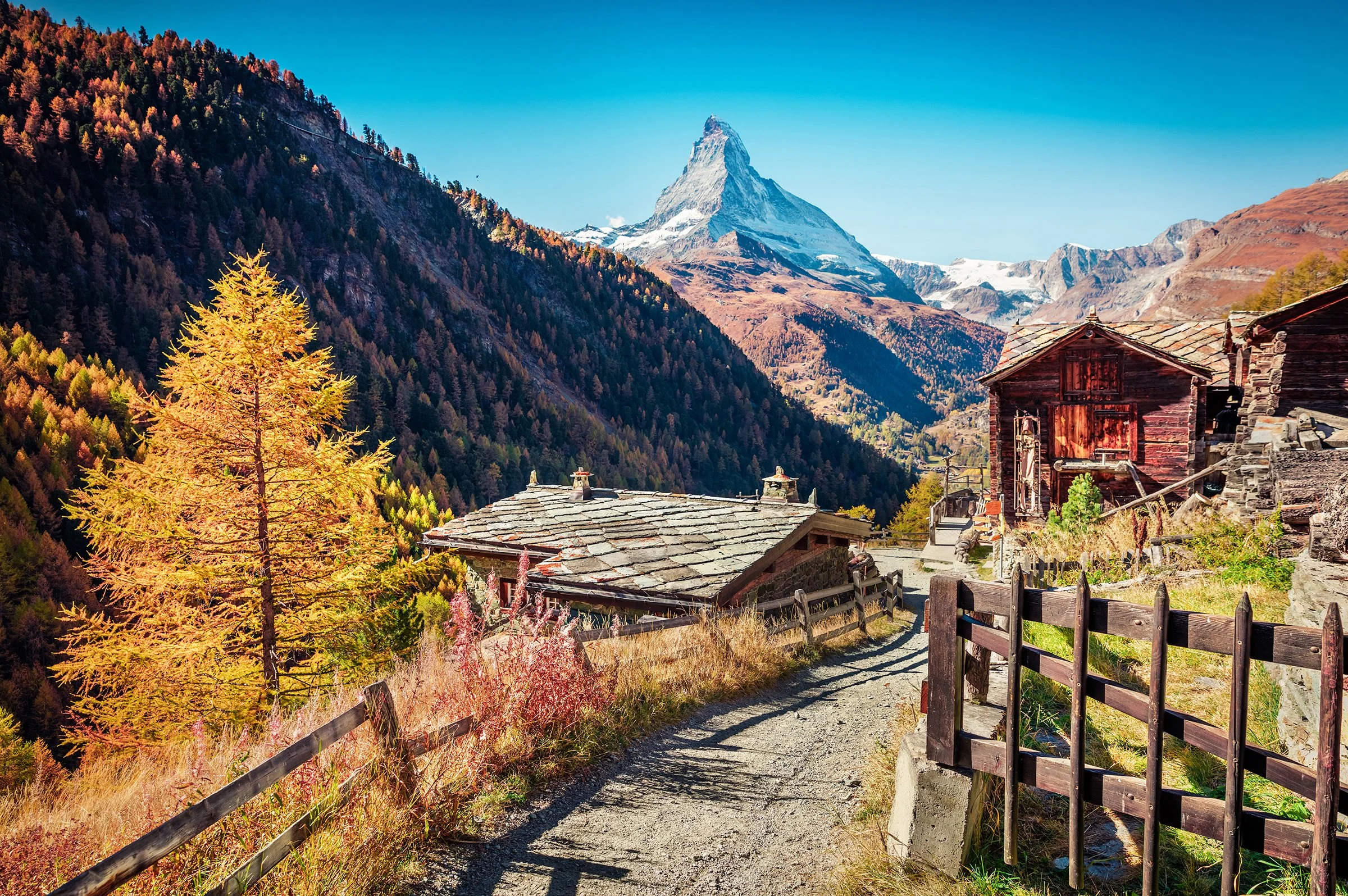 The Matterhorn viewed from an ancient farming hamlet above Zermatt.