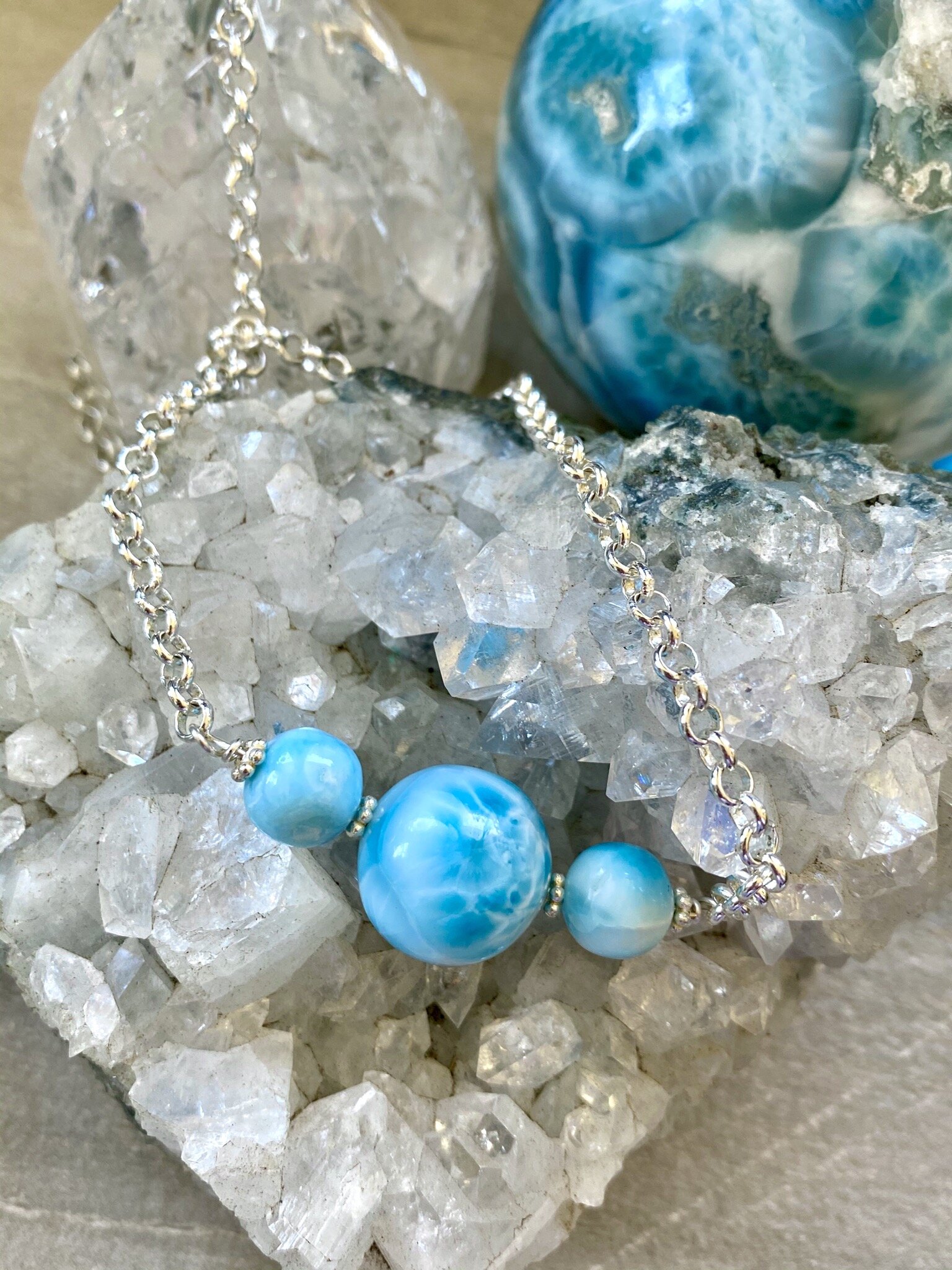Triple Larimar Spheres on Sterling Chain