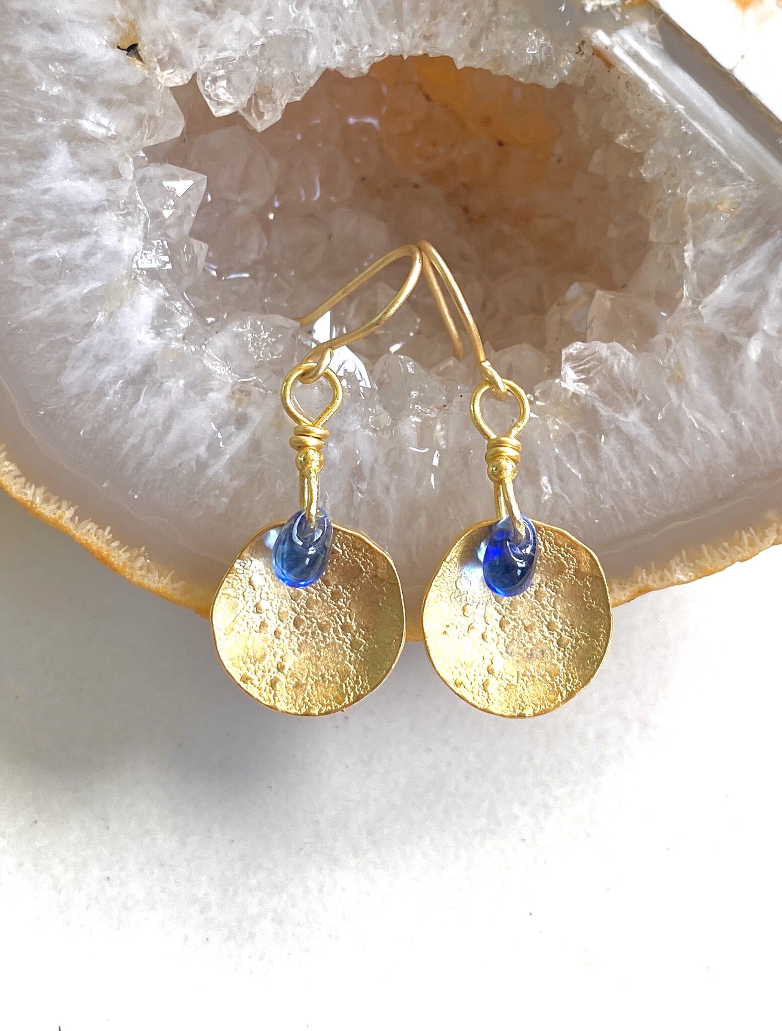 Textured Golden Coins with Blue Glass Teardrop Earrings