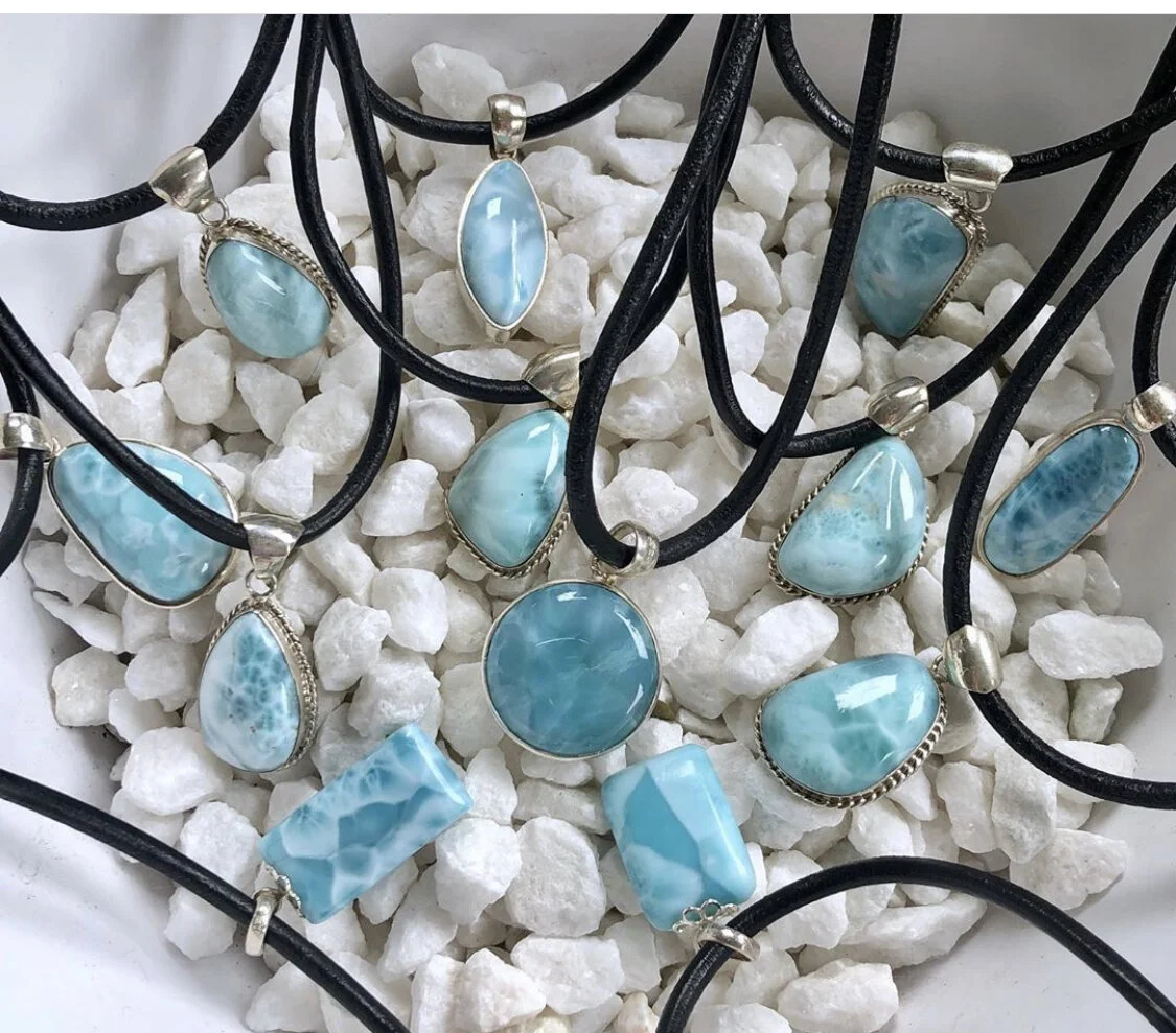 Larimar Bezeled Sterling Silver Pendants on Black Leather