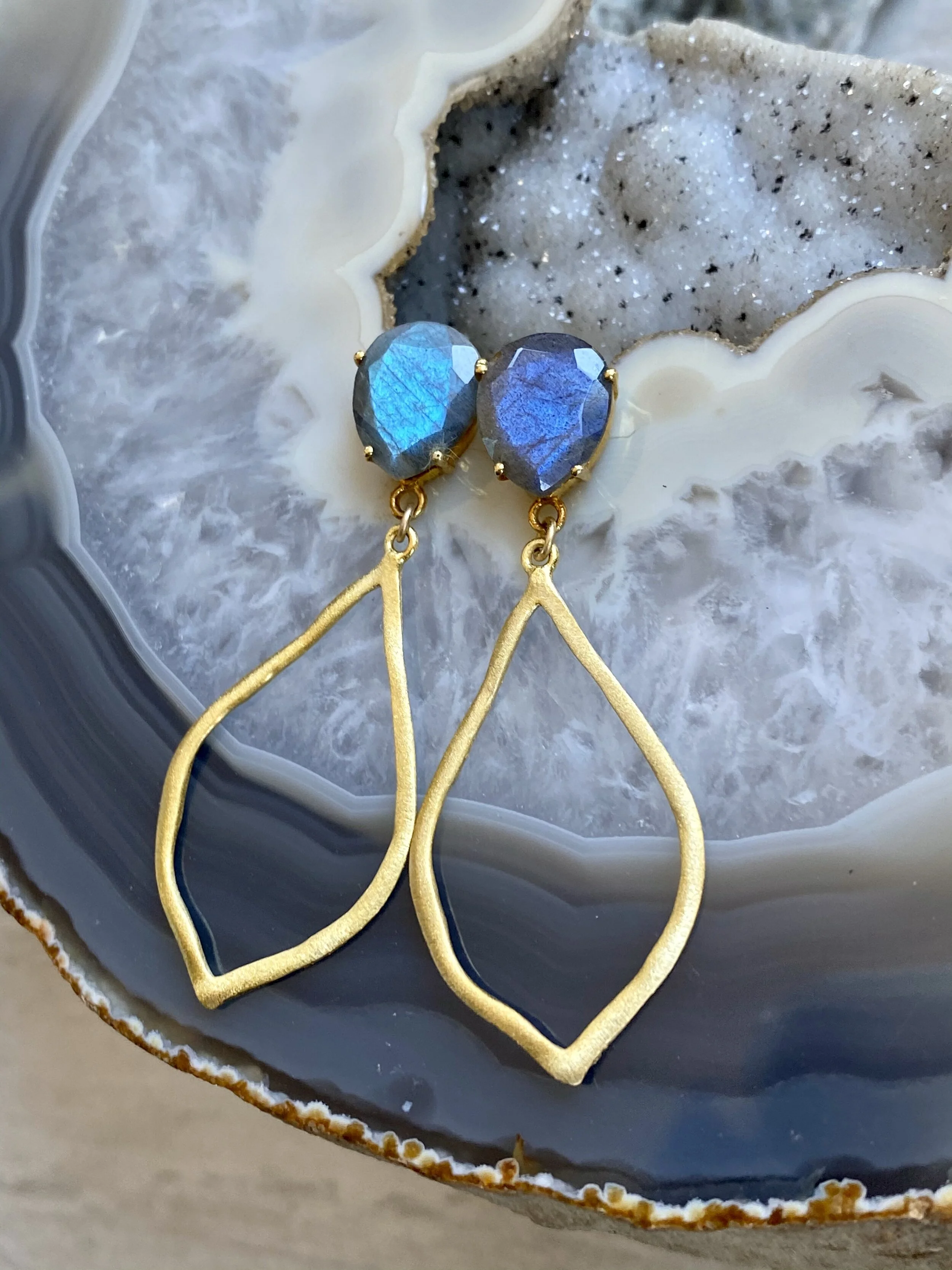 Faceted Labradorite Posts on Gold Vermeil Hoops