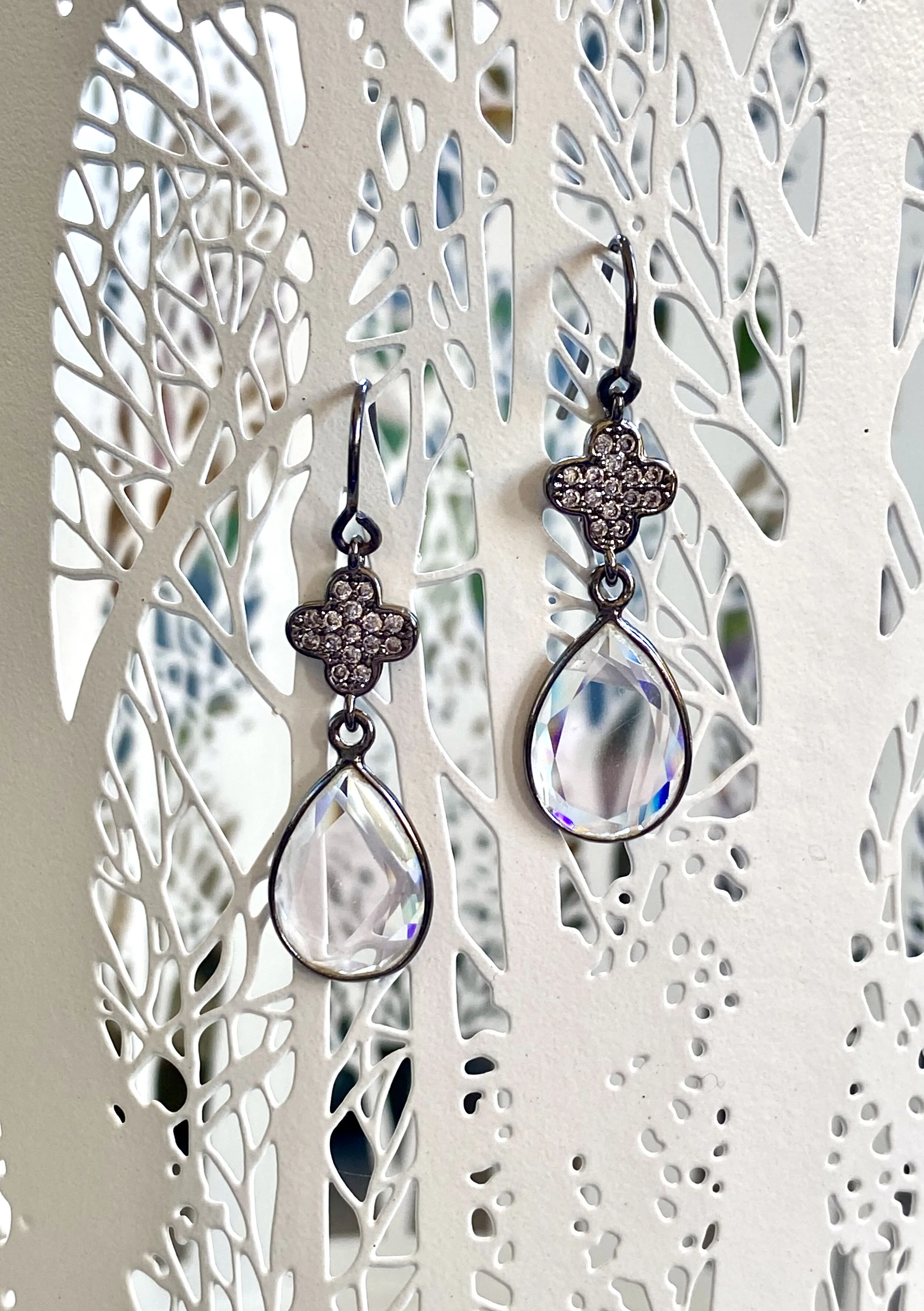 White Topaz Teardrops on CZ Quatrefoils