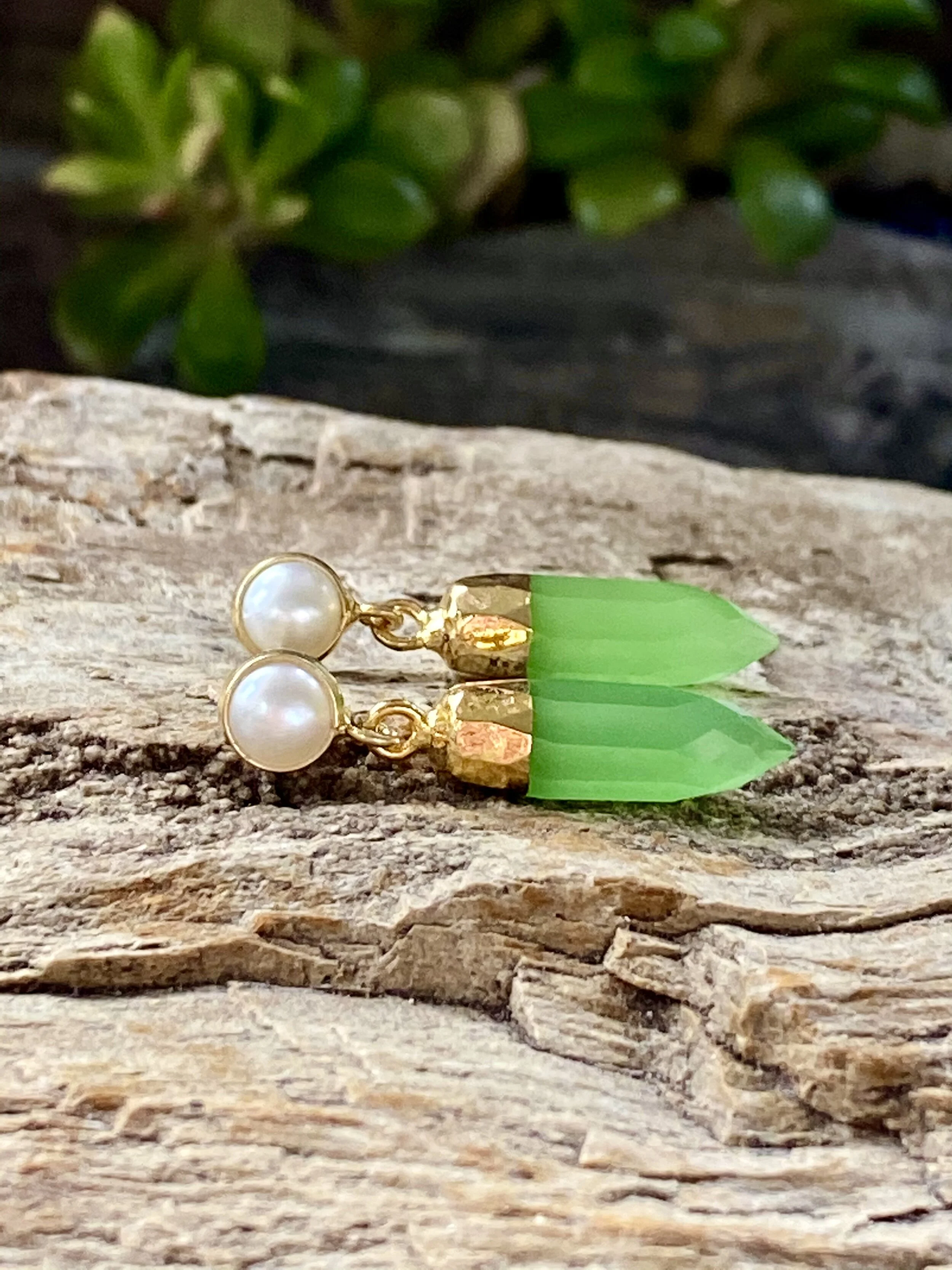 Green Chrysoprase and Pearl Post Earrings
