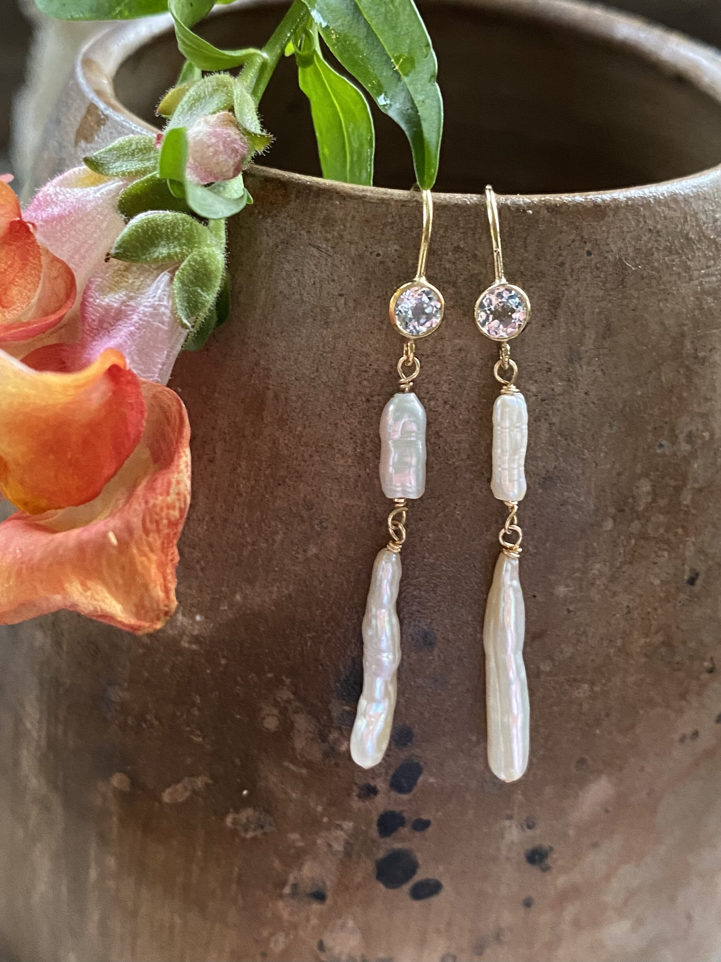 Biwa Pearl Earrings on White Topaz Ear Wires