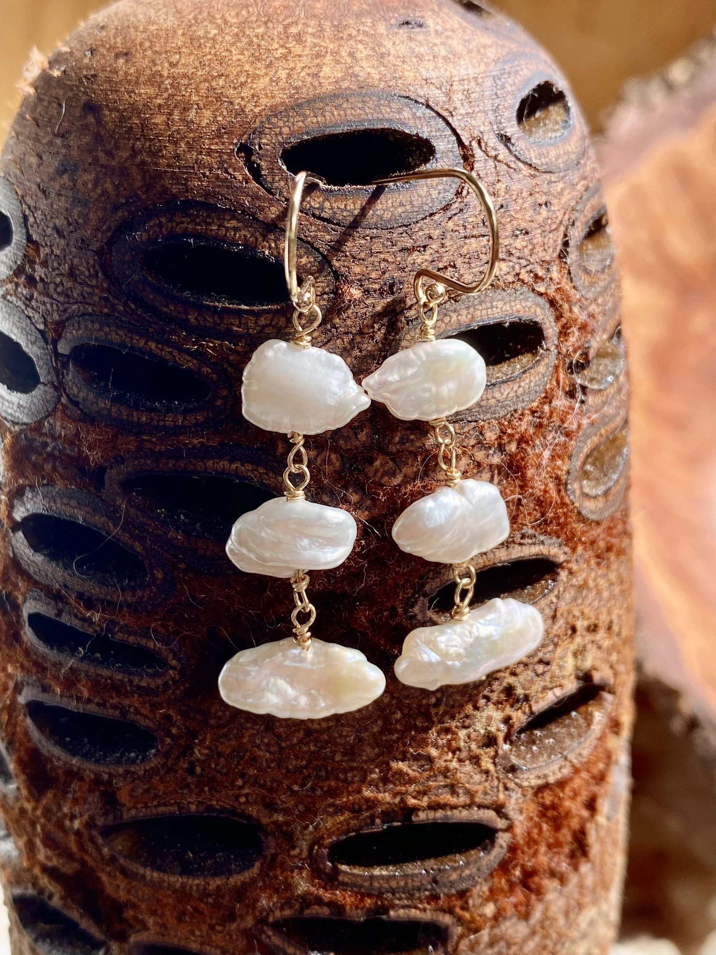 Triple Biwa Pearls on Gold