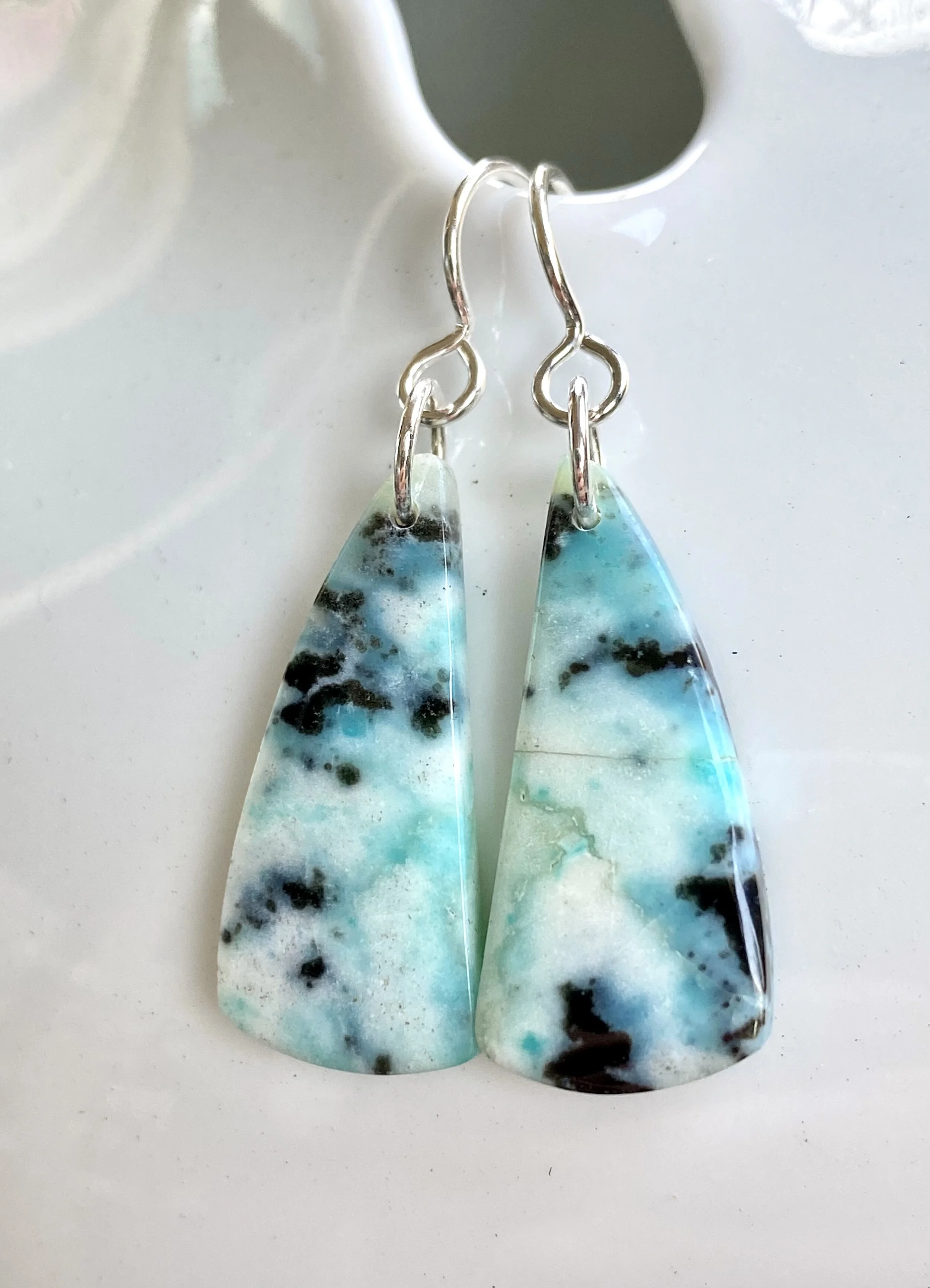 Blue Opalized Wood and Sterling Silver Earrings