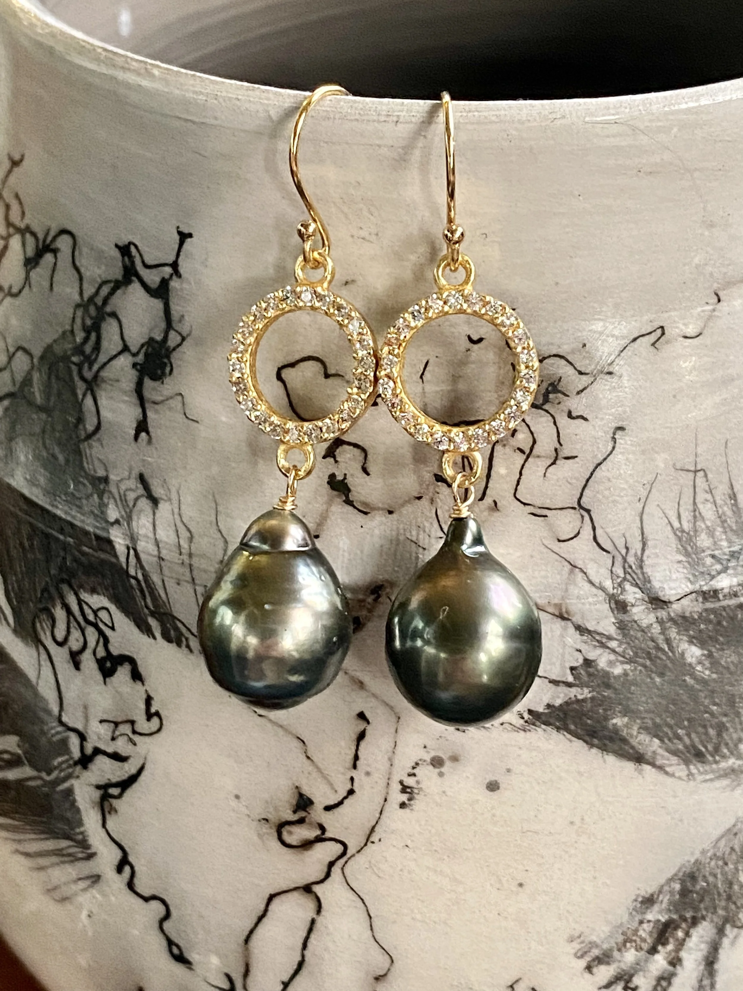 Tahitian Pearls on CZ Circle Earrings