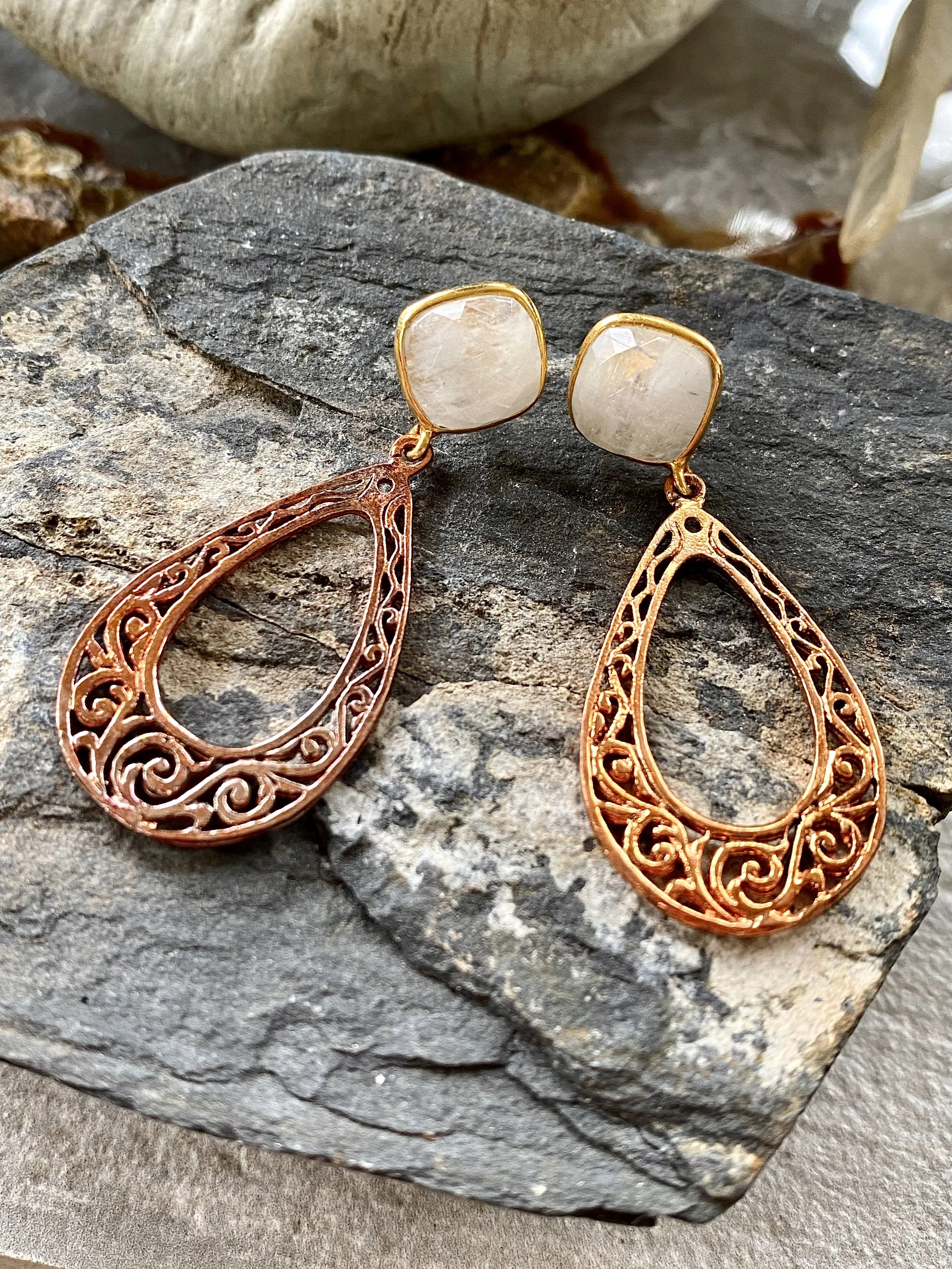Moonstone Posts on Fire Torched Copper Teardrops