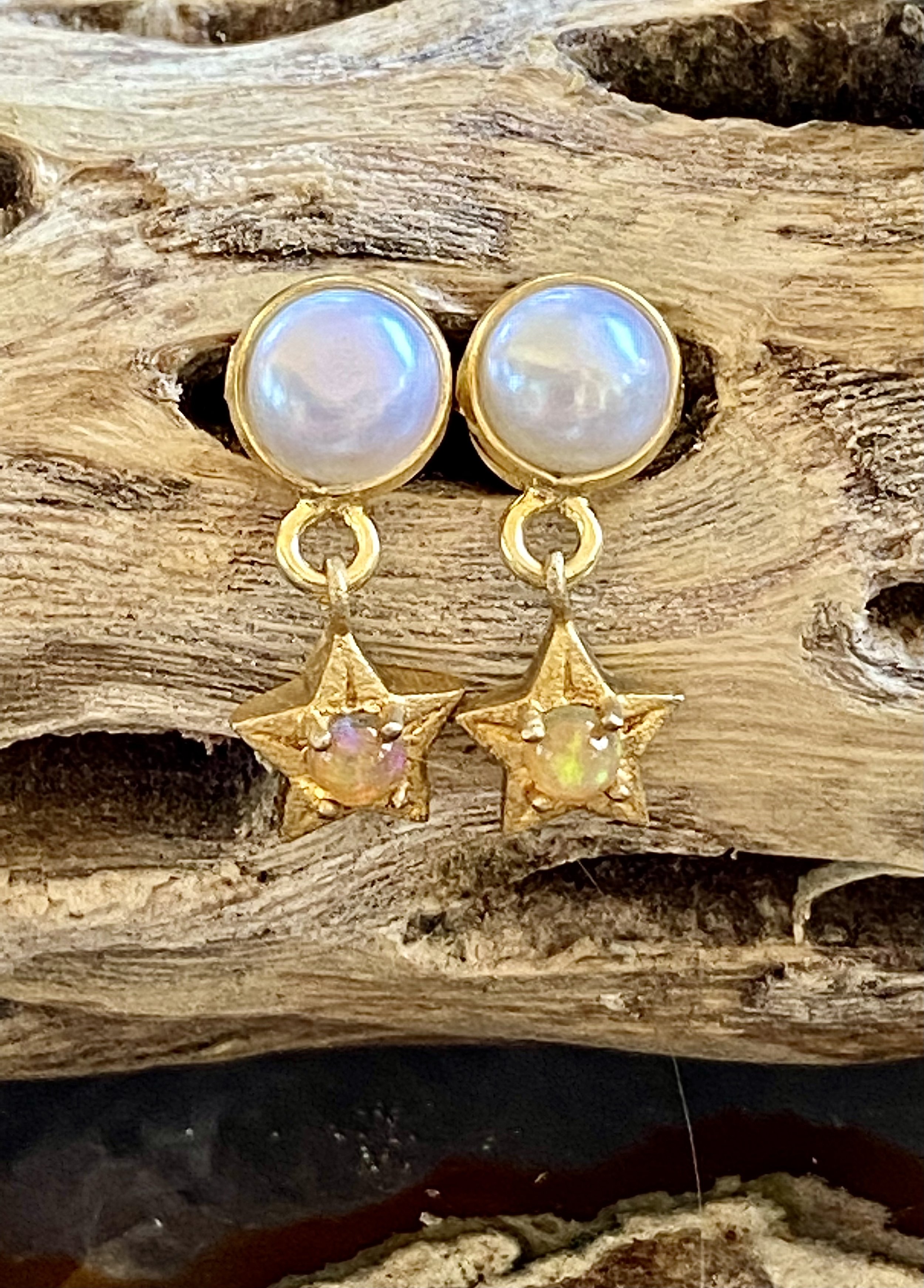 Pearl and Ethiopian Opals Gold Star Posts