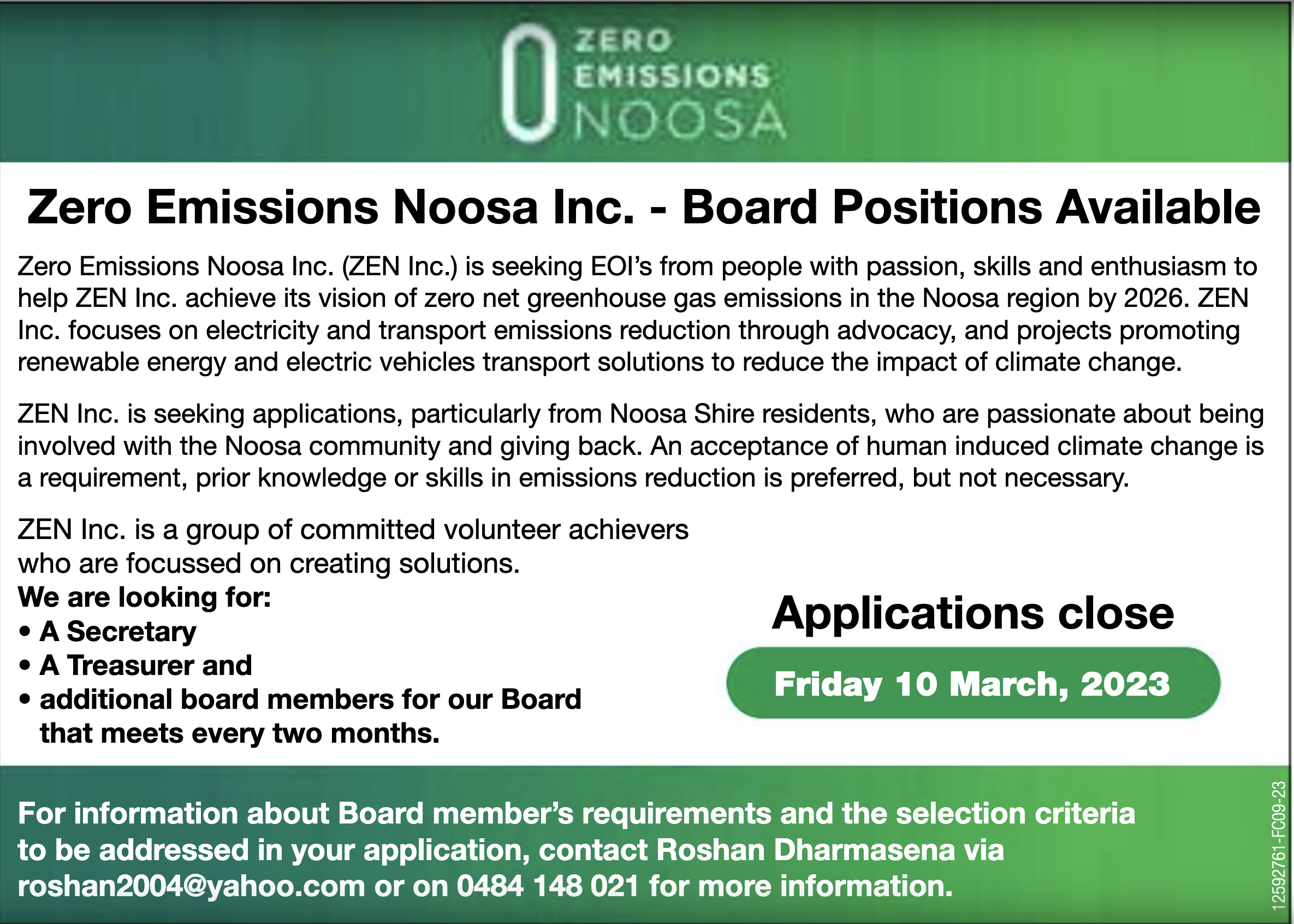 Board Positions Available — Zero Emissions Noosa