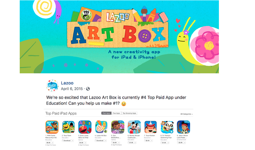  PBS purchased and combined our apps into an art suite and released them under the PBS umbrella. Lazoo Art Box hit number 4 in paid Education apps. 