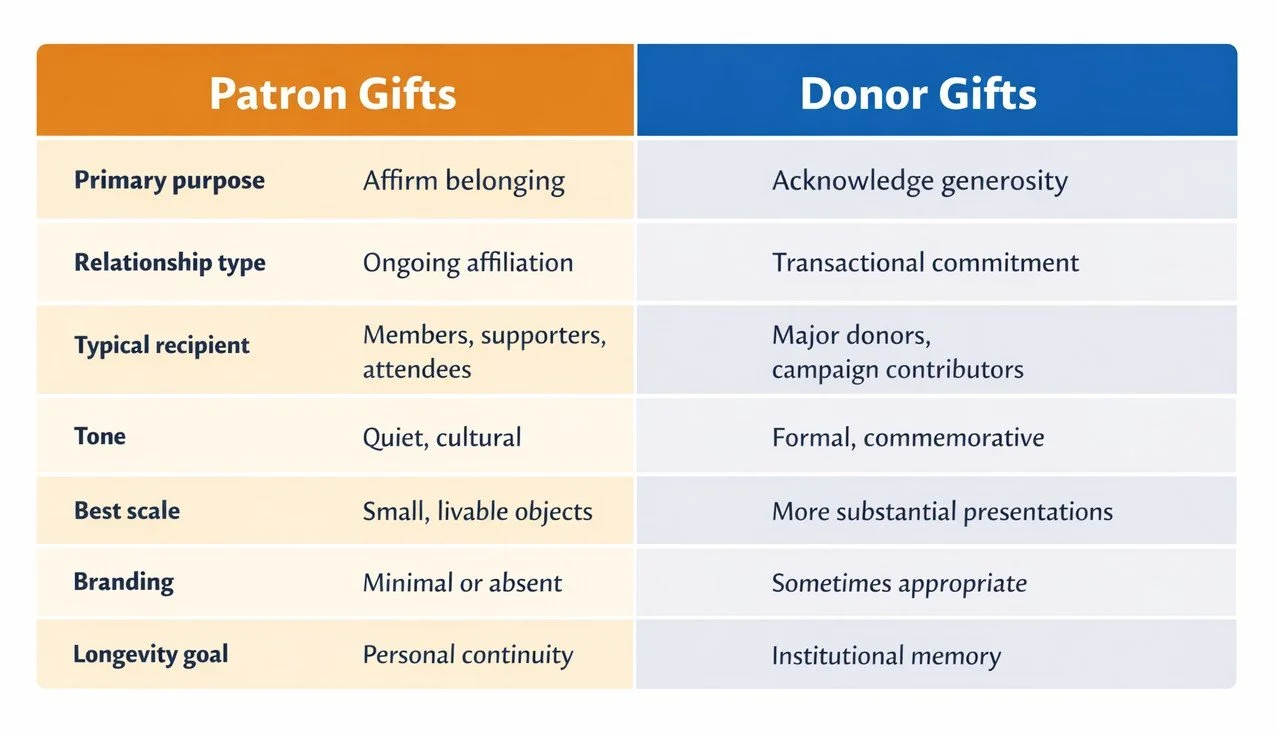 Comparison table of patron gifts and donor gifts, highlighting differences in purpose, scale, tone, branding, and longevity.