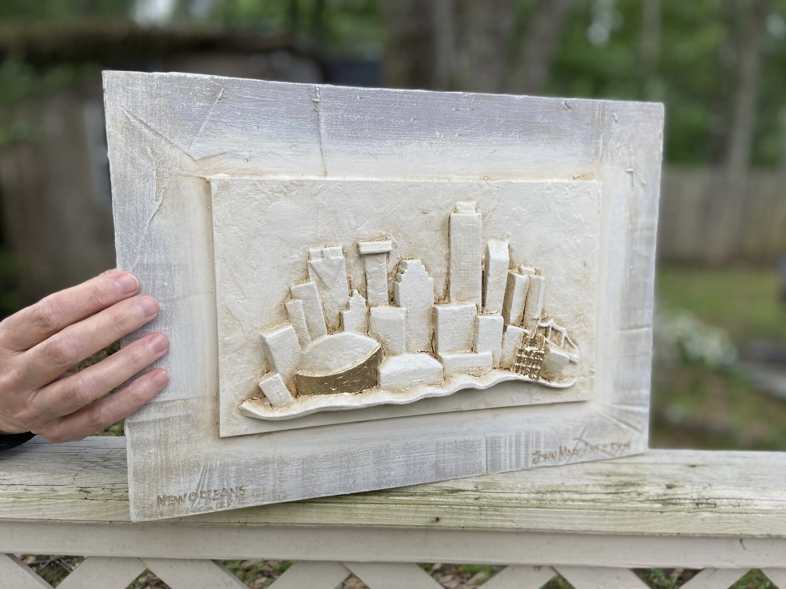 Brand new for 2021! “Crescent City Skyline” 10” x 14”, grey wash frame out, available at Marc’s licensed retailers.