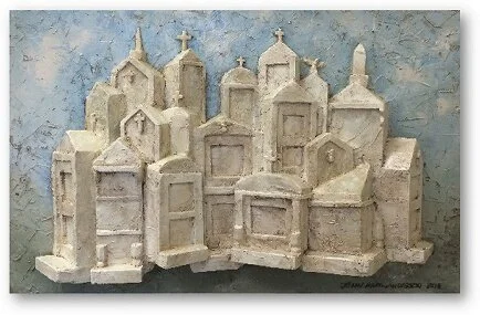 “St. Louis Cemetery #1”, 36”x 22”, sculpture/mixed media  (private collection) is an example of Marc’s bold interpretations of the city’s above ground cemeteries, timeless and haunting, soulful, and endearing to the tightly knit culture in the region.