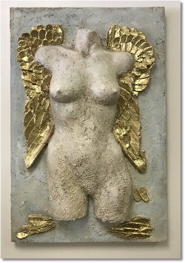 “Fallen Angel”, mixed media/assemblage (private collection) is an example of figurative work using discarded mannequin torsos. The wings are handcrafted and finished in gold leaf.