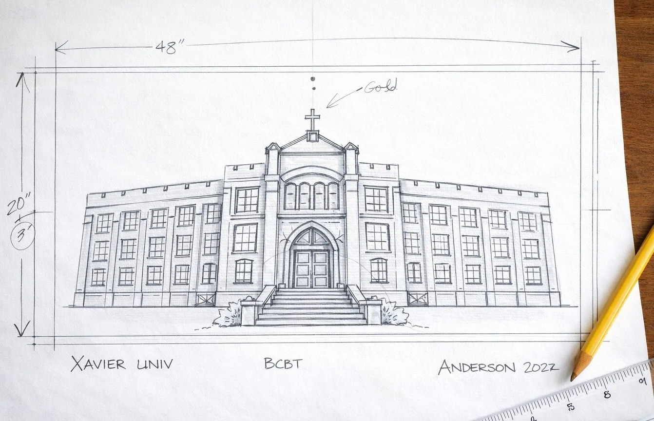 institutional advancement and donor gift original design and sketch for xavier university new orleans, working sketch