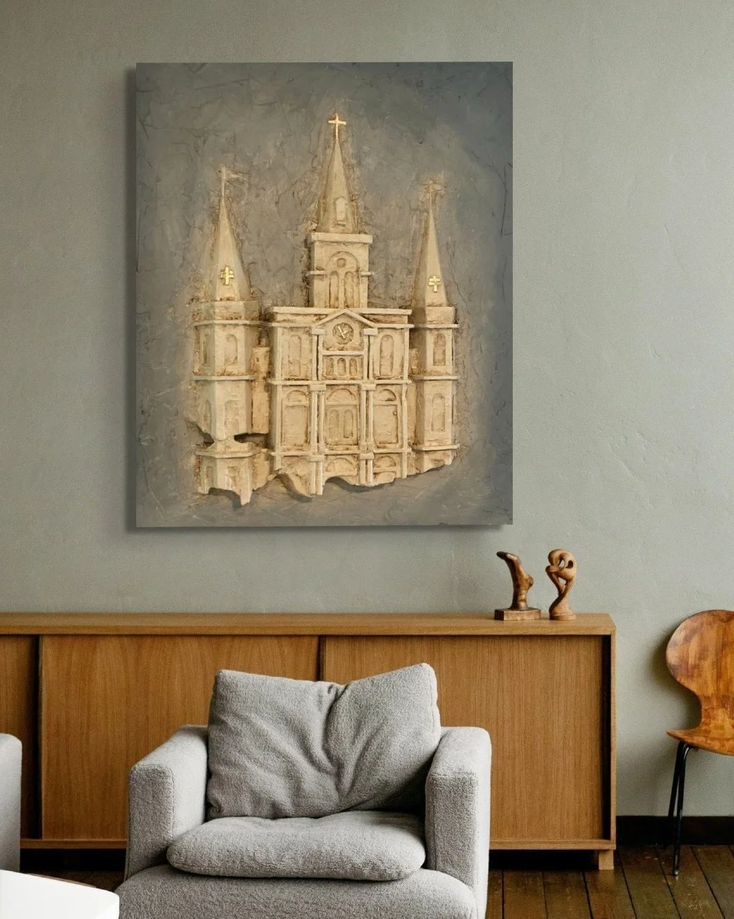 Artist John Marc Anderson bas relief depiction of the St. Louis Cathedral in New Orleans, Louisiana. Midnight blue background, almond and bone finish.