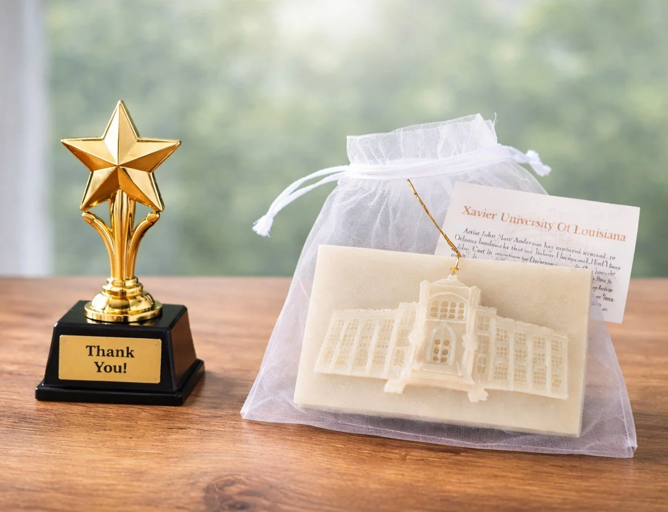 Comparison of donor appreciation gifts showing a generic gold trophy beside a handcrafted architectural memento in an organza bag, illustrating why intentional, meaningful objects are considered more meaningful and memorable.