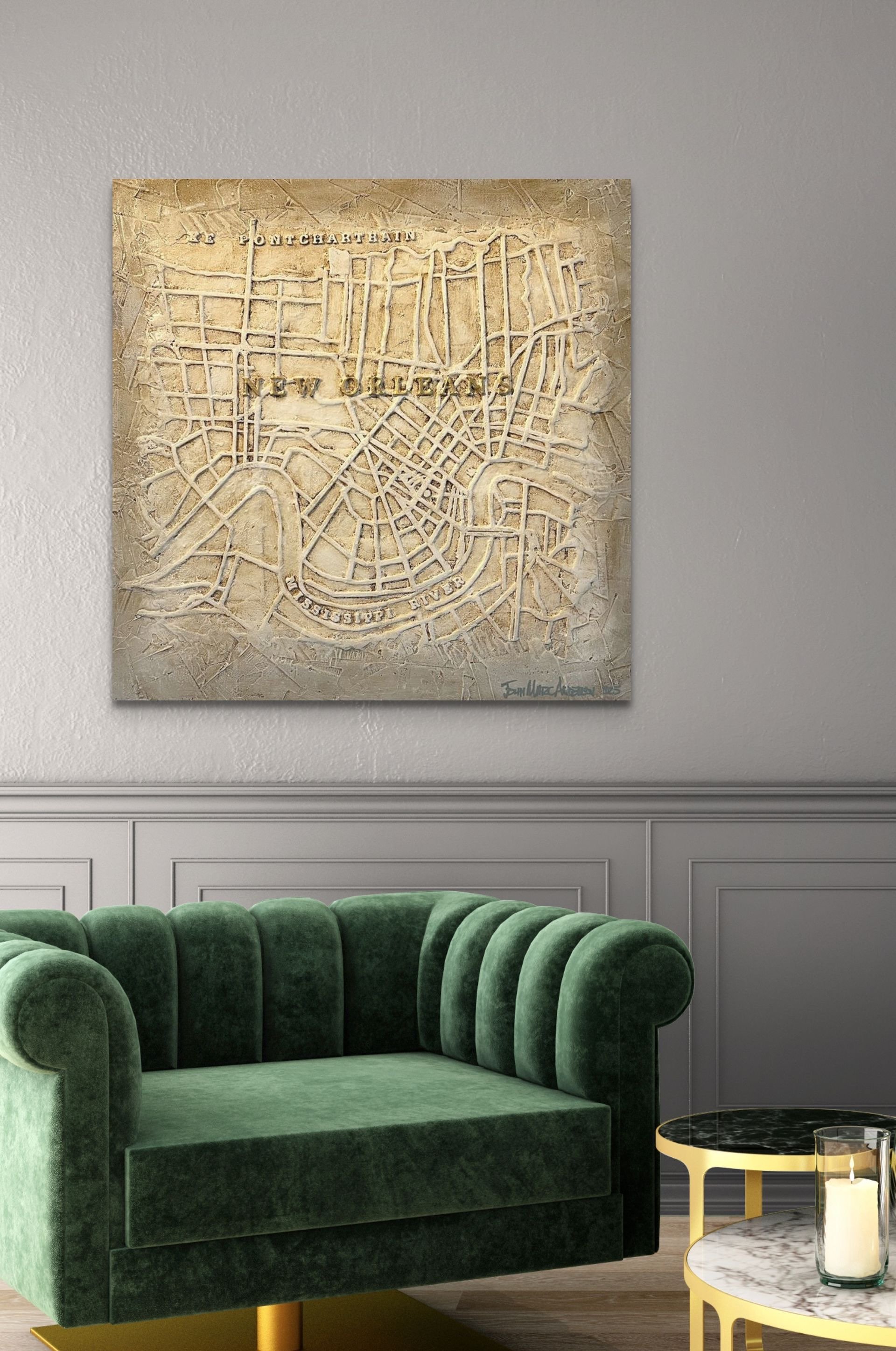 New Orleans City Map, 30”x30”, resin on panel board. Reproduction from Marc’s original hand inlaid basswood bas relief work. Available through online store in several finishes.