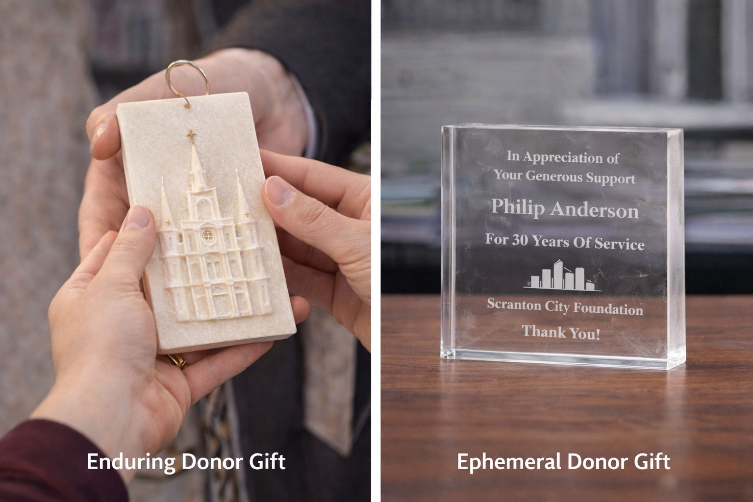 Comparison of enduring donor gifts and ephemeral donor recognition gifts, showing a handcrafted cathedral memento being presented to a donor alongside a generic lucite block award
