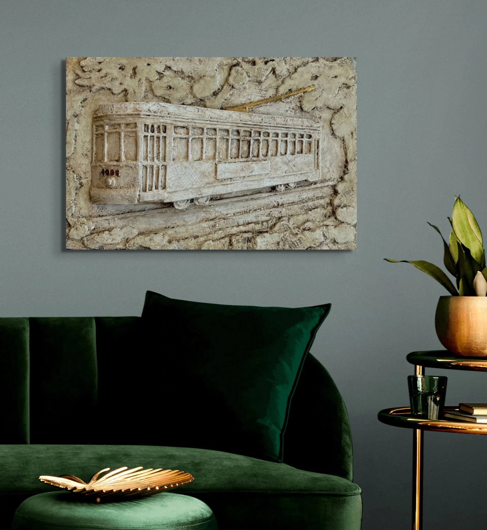 Hand-carved bas relief of a classic New Orleans streetcar in studio lighting, the large-scale original created by John Marc Anderson before being laser scanned and miniaturized into a crystal quartz memento.