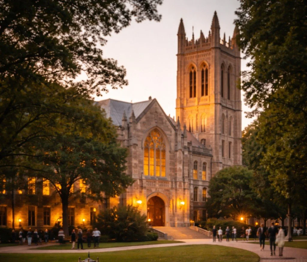Historic university campus building at dusk with a handcrafted architectural memento in the foreground, symbolizing continuity, institutional identity, and the transformation of campus architecture into enduring keepsakes.