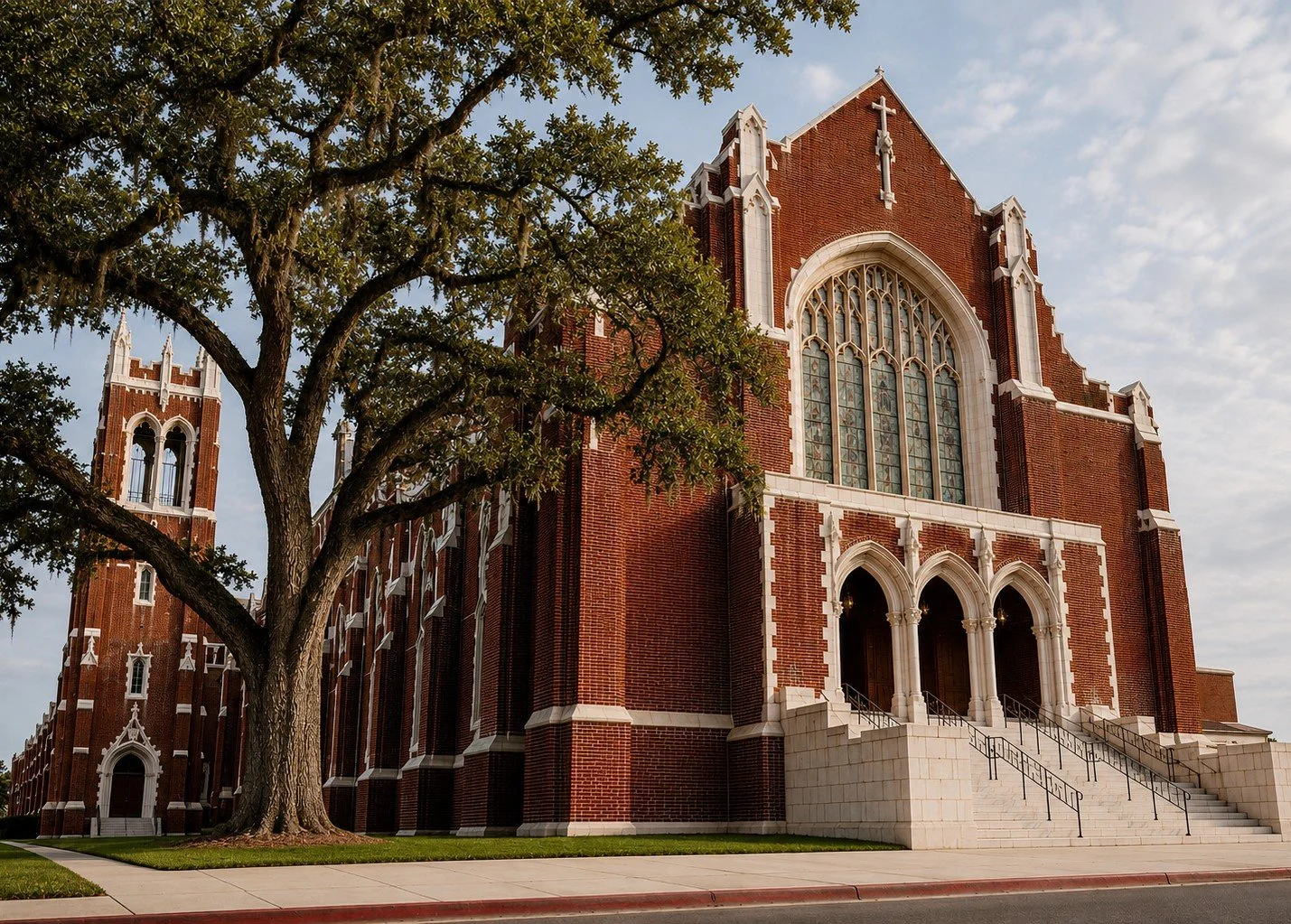 First Presbyterian Church of Baton Rouge exterior, historic red brick Gothic Revival landmark used as the basis for a custom architectural memento supporting donor recognition and institutional advancement