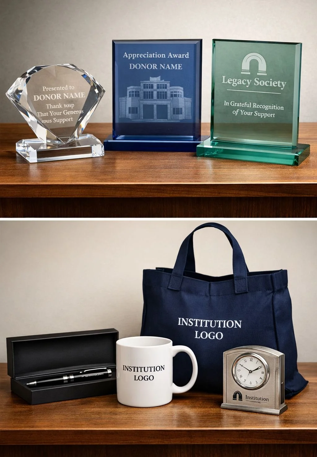 Generic donor recognition gifts including acrylic awards, crystal plaques, branded mugs, tote bags, and promotional desk items displayed together