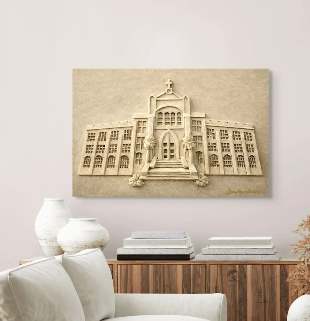 Large original institutional advancement relief sculpture of Xavier University of Louisiana, 22"x33"