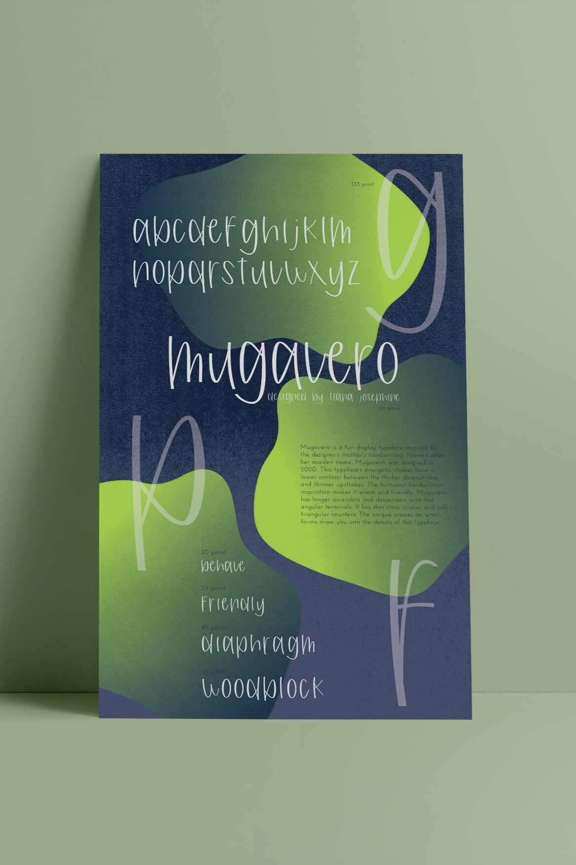 Type specimen poster to display an original typeface I designed and vectorized in the program Glyphs. Modeled after my Mom's handwriting and named after her maiden lastname