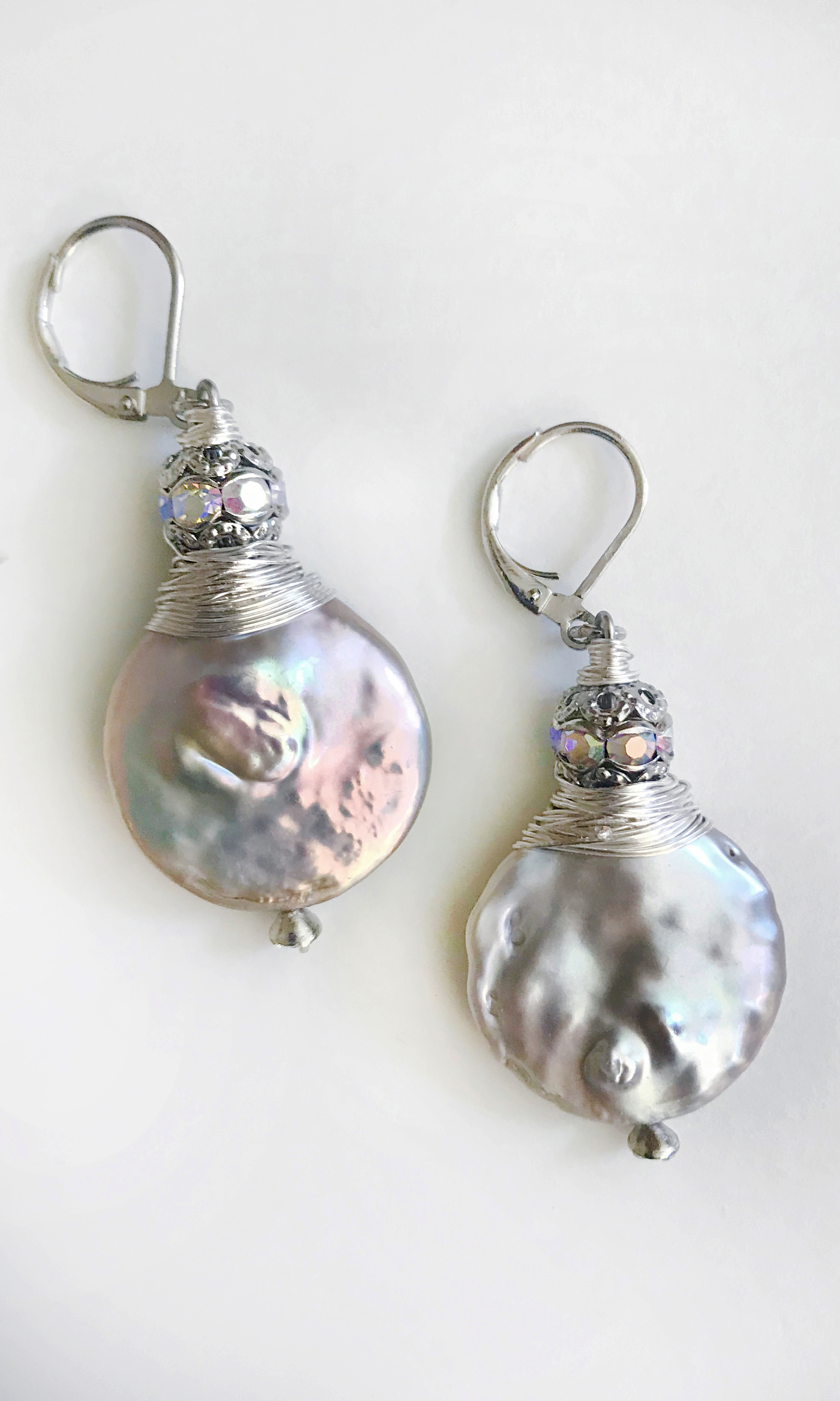 Silver Wrapped Coin Pearl Earrings