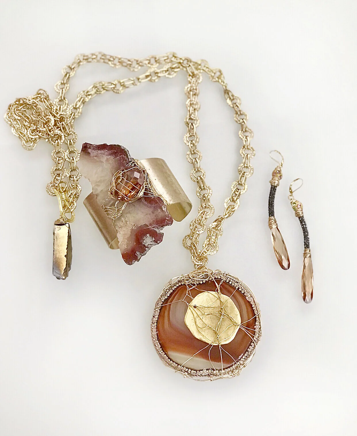 Red Agate Citrine Hematite Plated Pewter Cuff + Earrings +  Pendant 