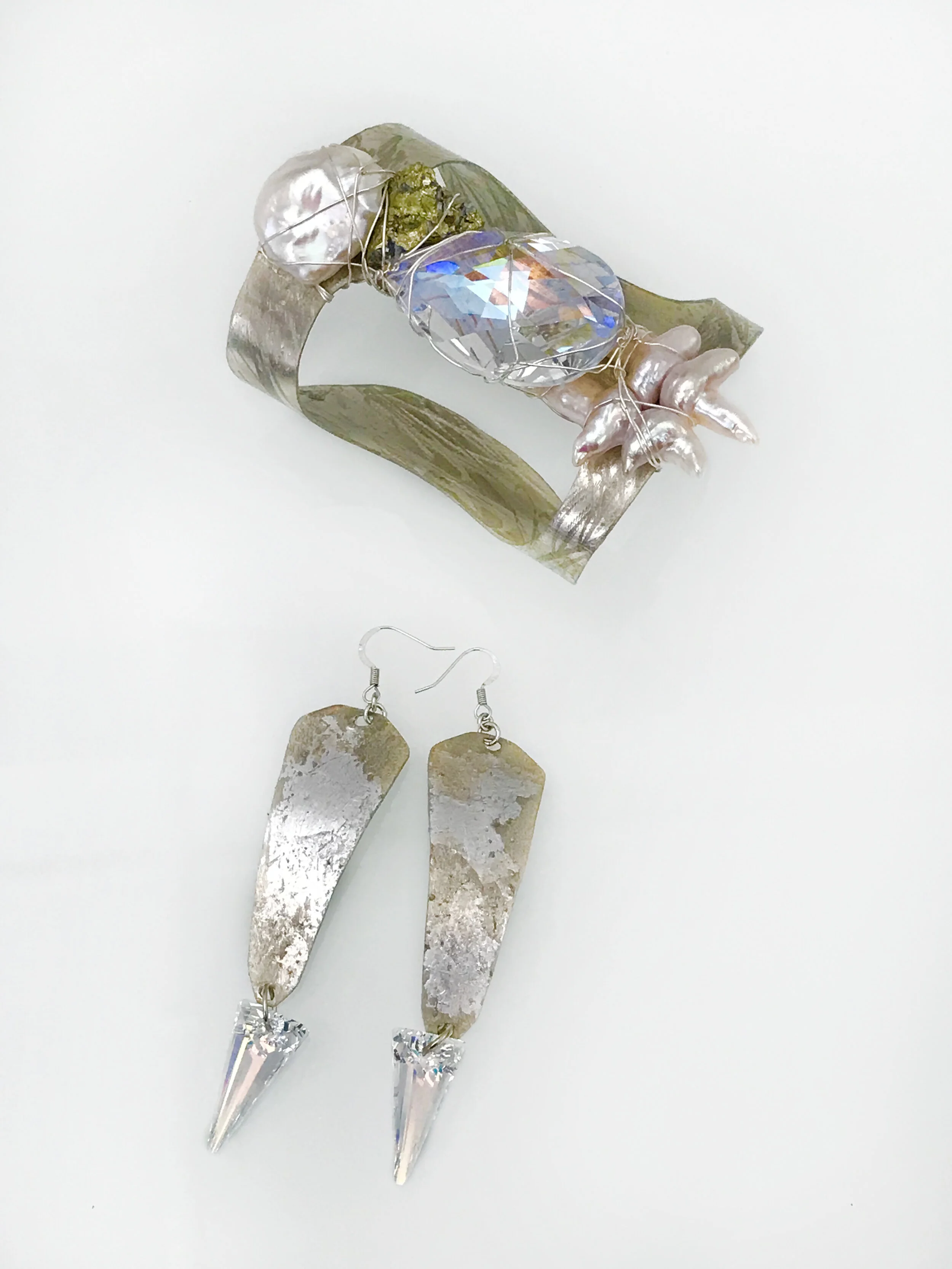 Swarovski Pearl Pyrite Silver Cuff + Swarovski Silver Leaf  Spike Earrings 