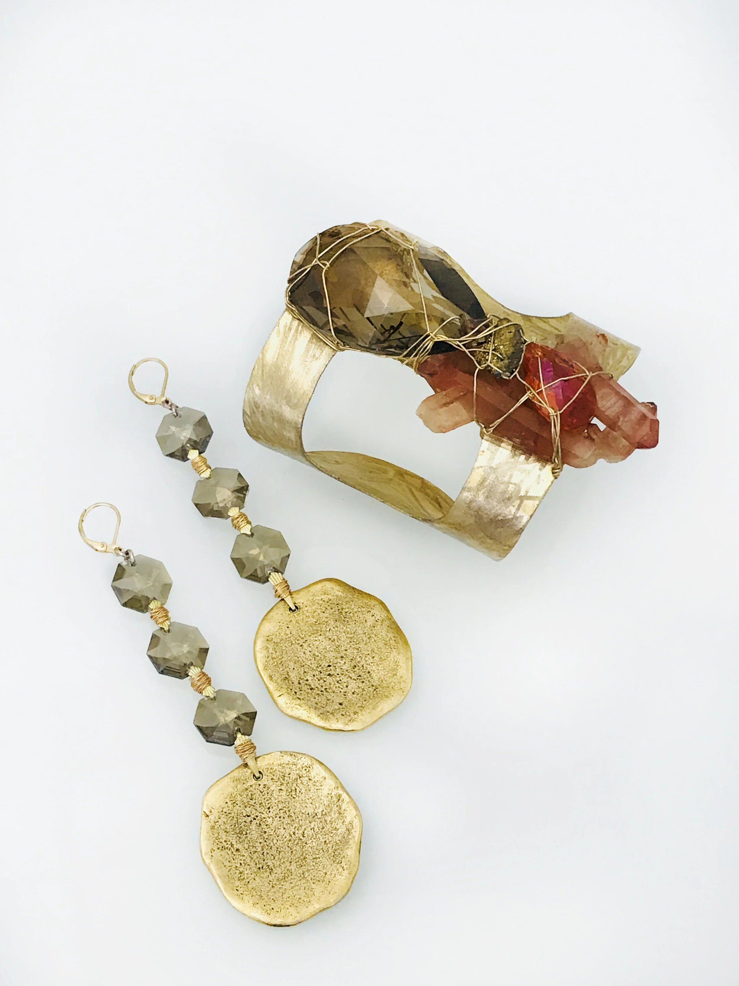 Smokey Swarovski Jasper Brass Cuff + Smokey Swarovski Disc Earrings