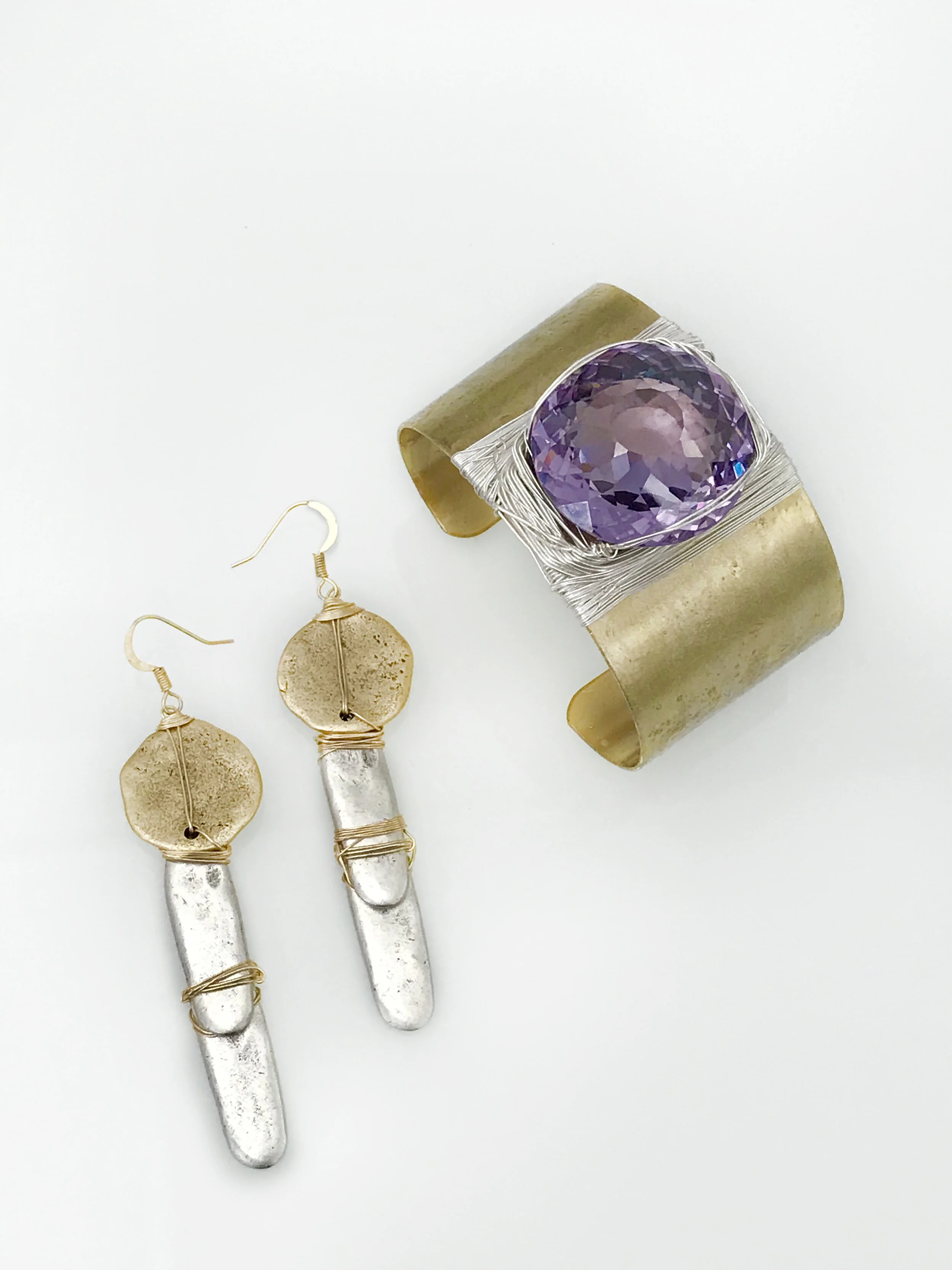 Lavender Crystal Brass Cuff  + Pewter Two-Toned Earrings