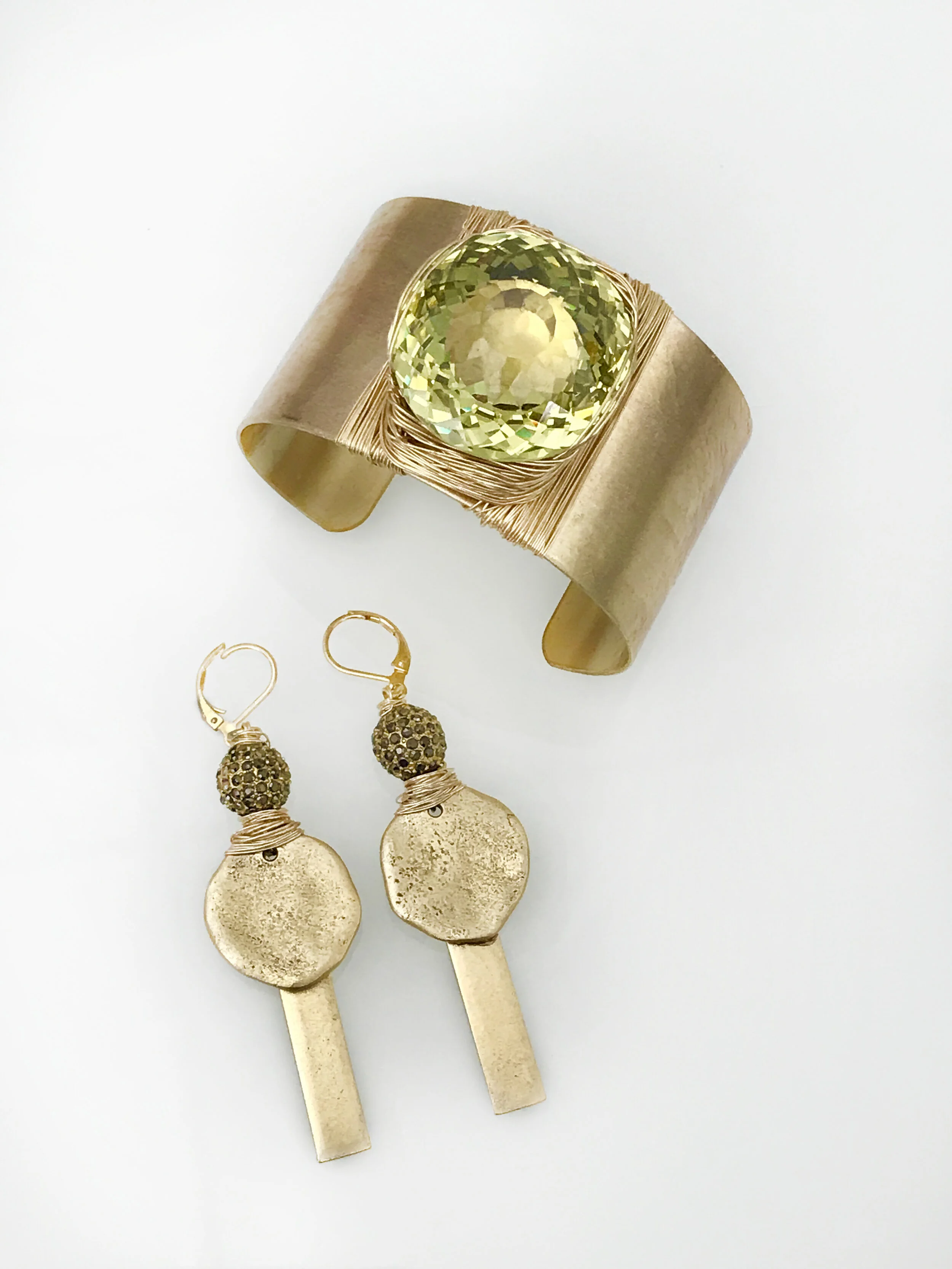Lemon Crystal Brass Cuff + Pewter Hematite Earrings