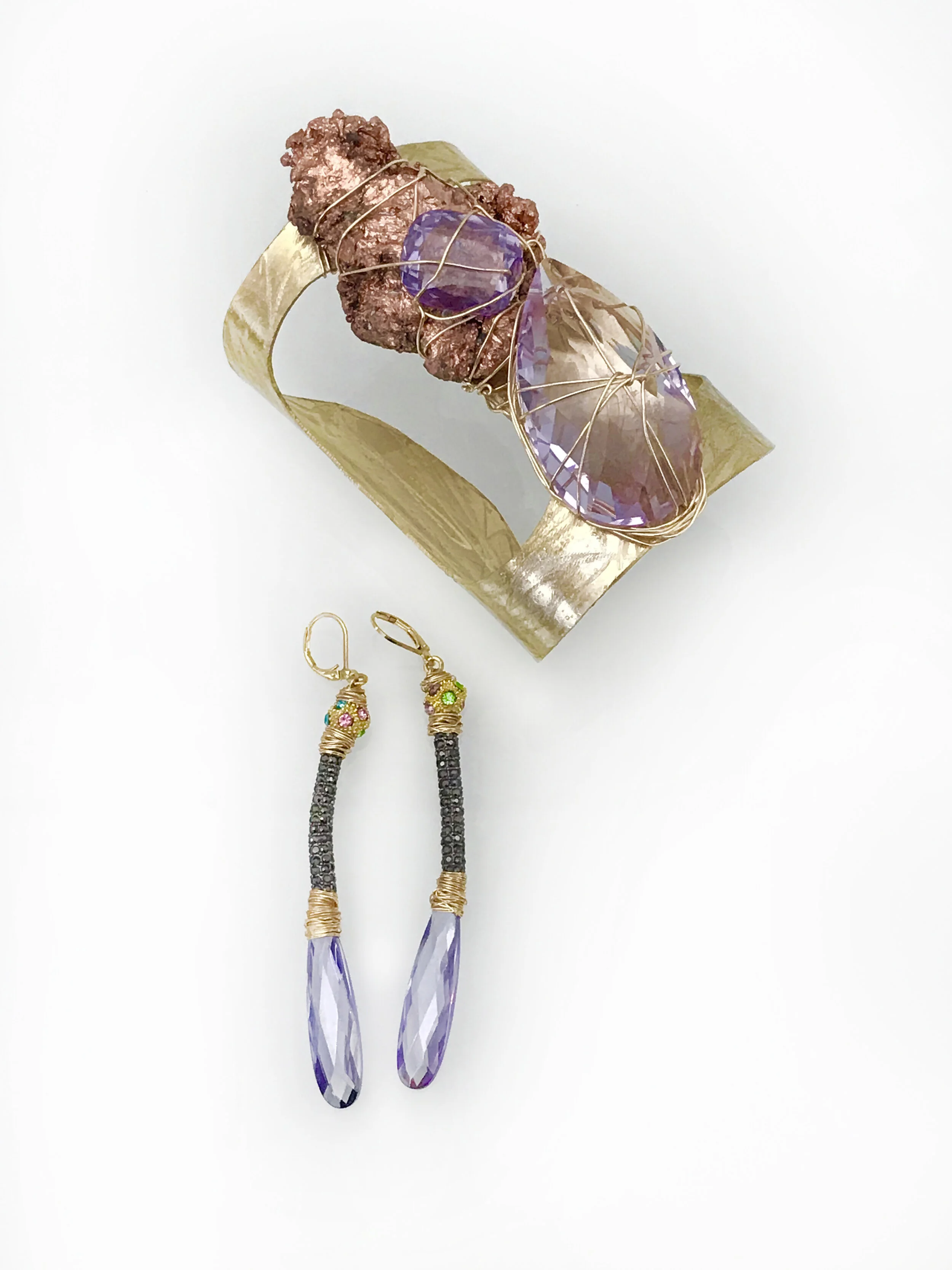  Raw Copper Mineral Swarovski Amethyst Brass Cuff + Amethyst Hematite Earrings 
