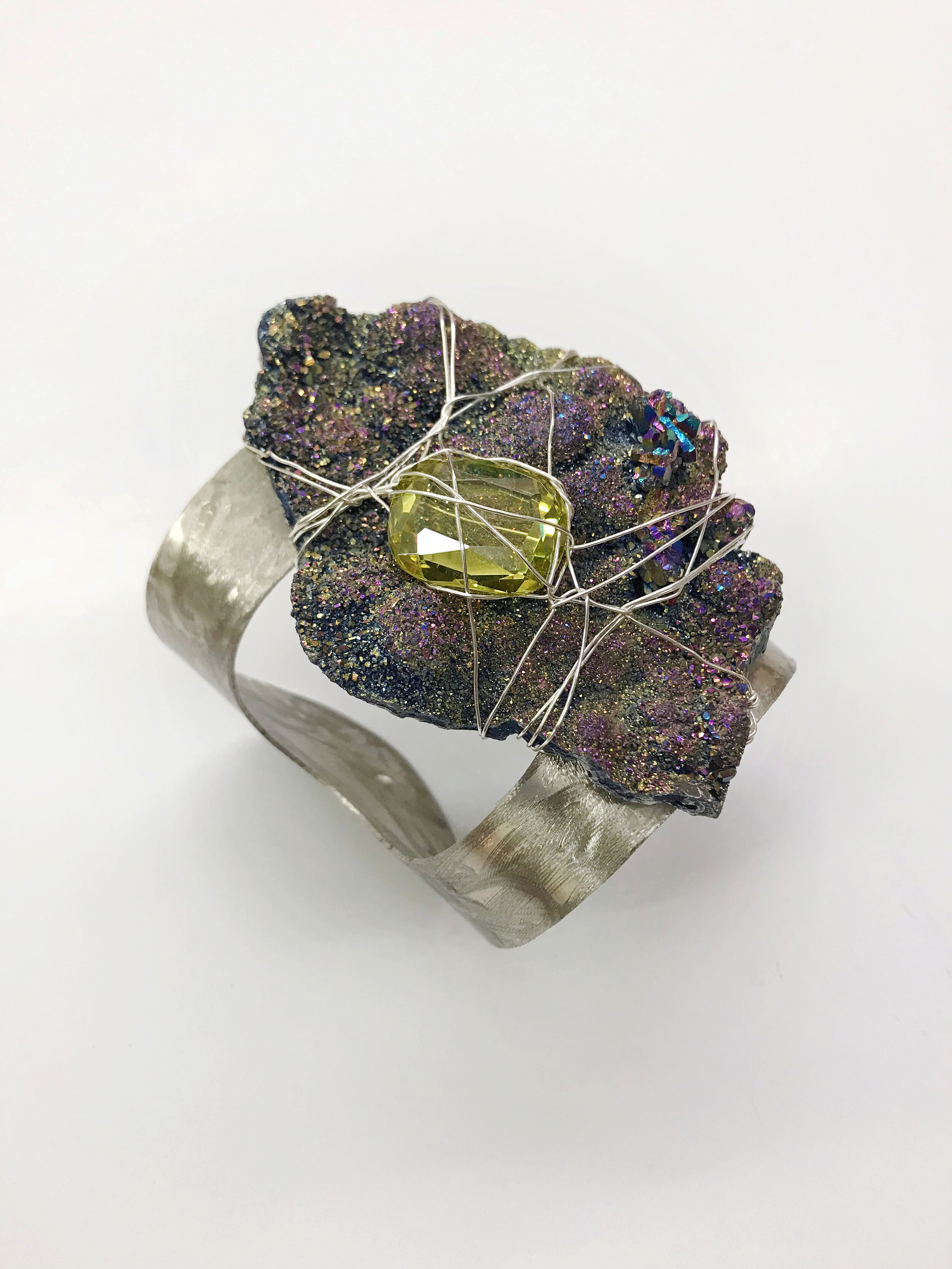  Hammered Silver Drusy Lemon Quartz Statement Cuff 