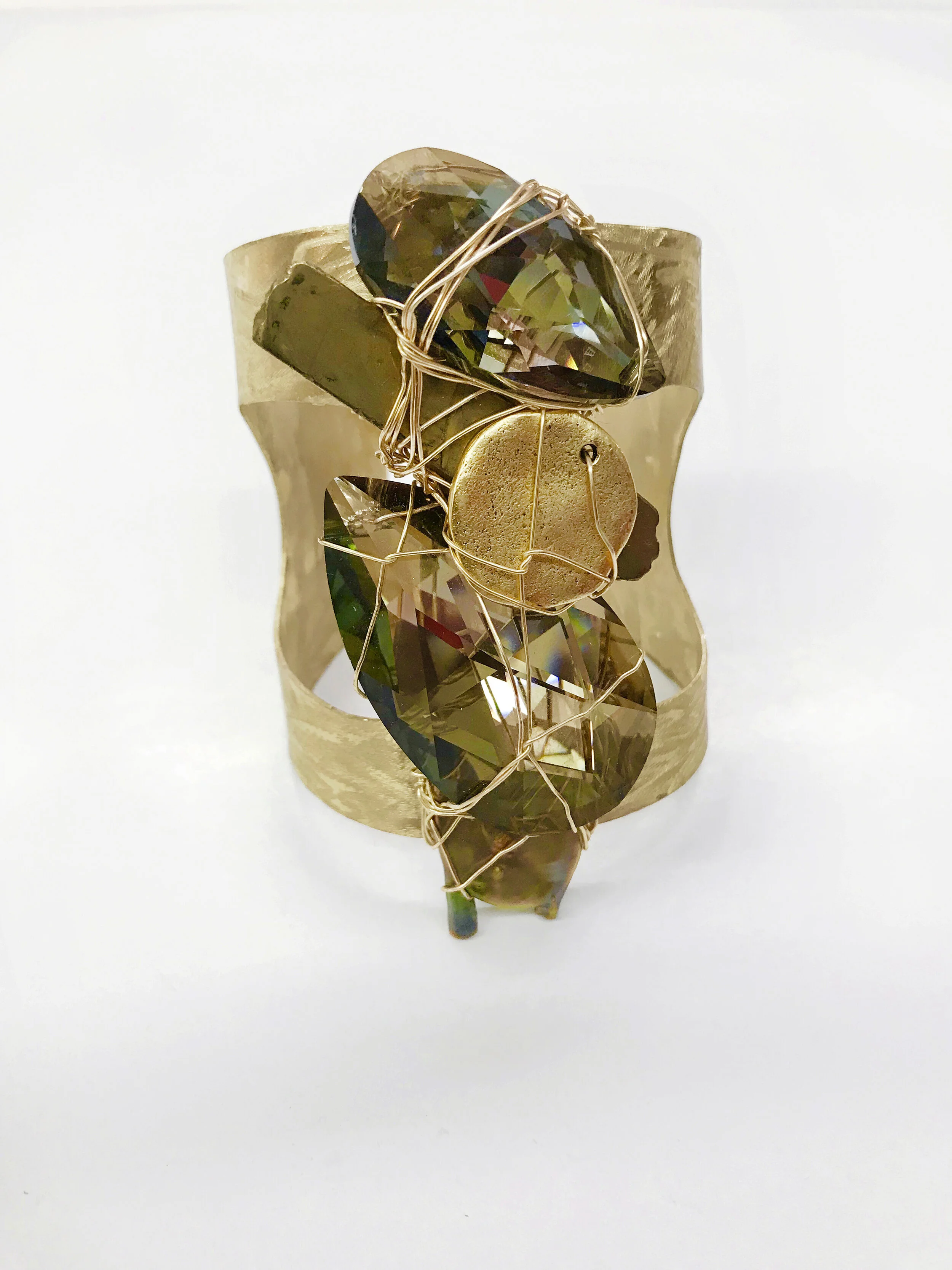 Hammered Brass Smokey Swarovski Plated Quartz Statement Cuff 