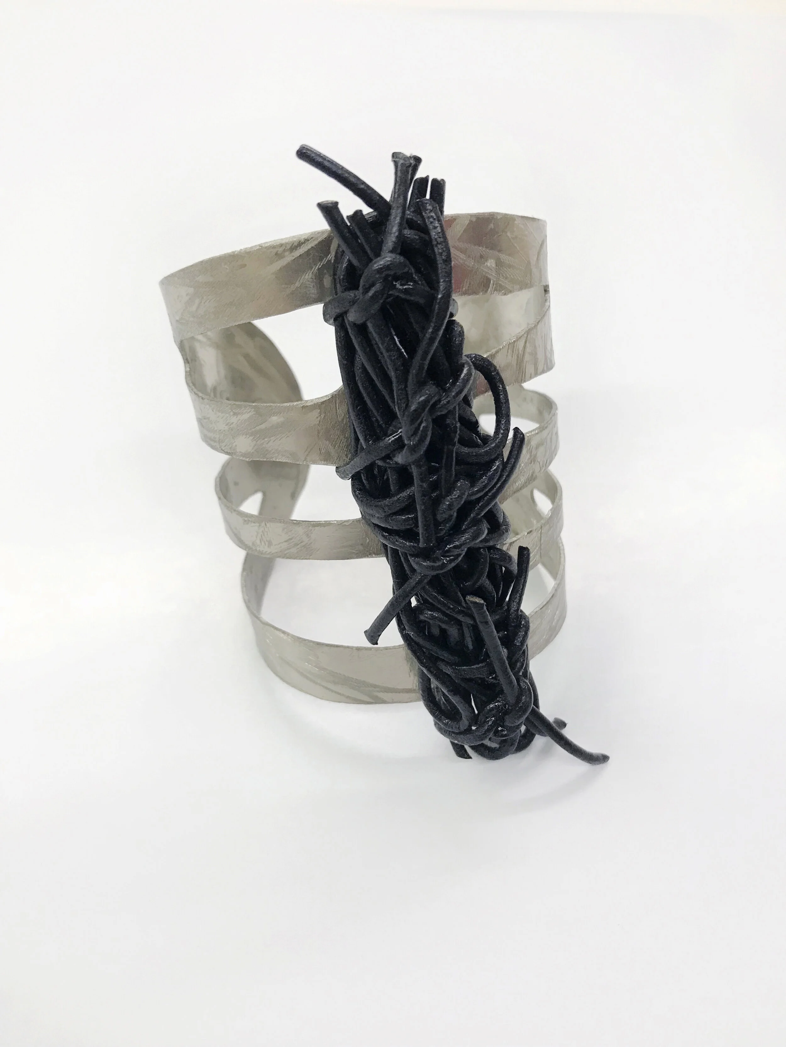 Hammered Silver Black Leather Licorice  Cuff 