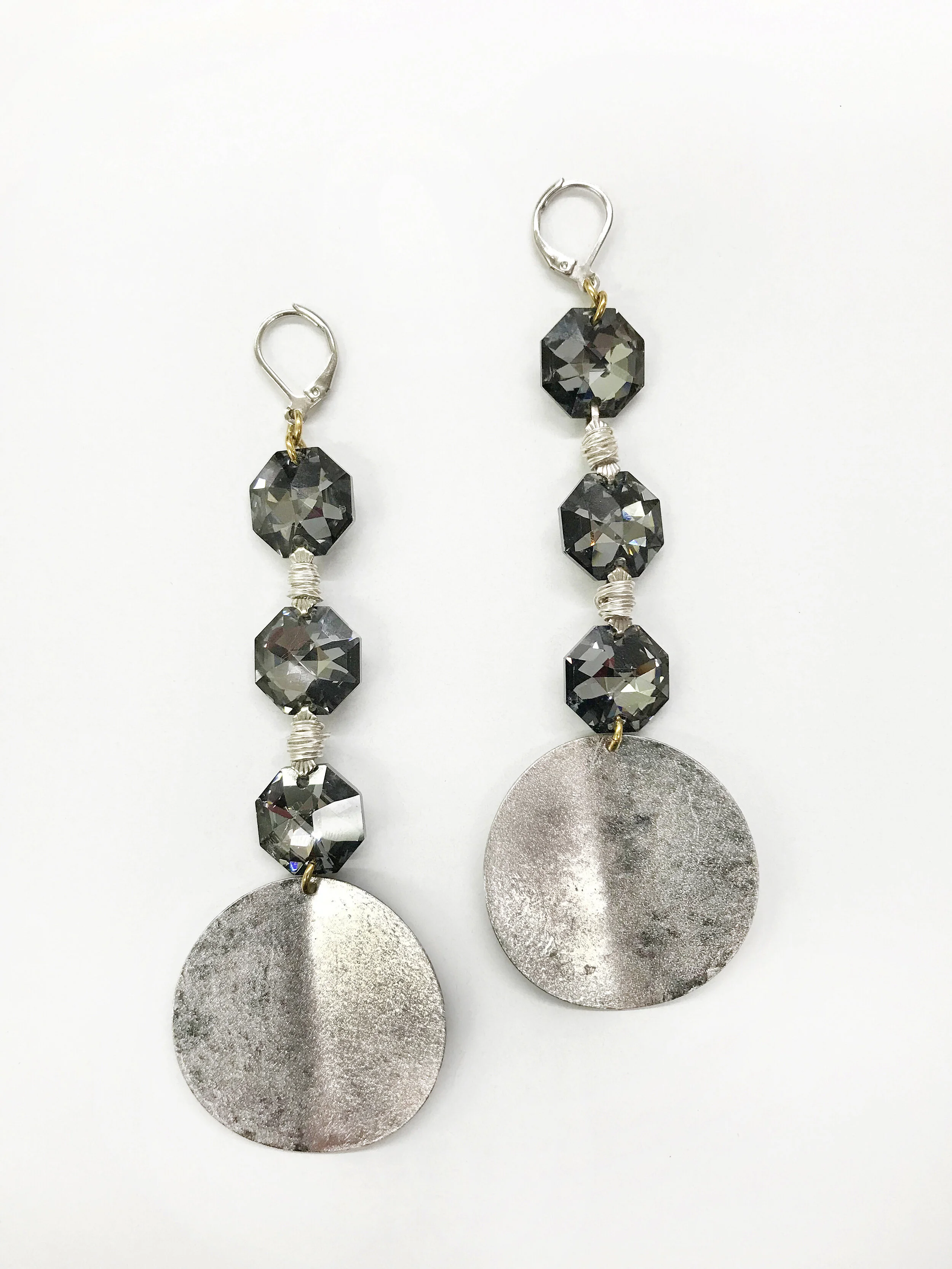 Black Beaded Metal Disc Earrings 