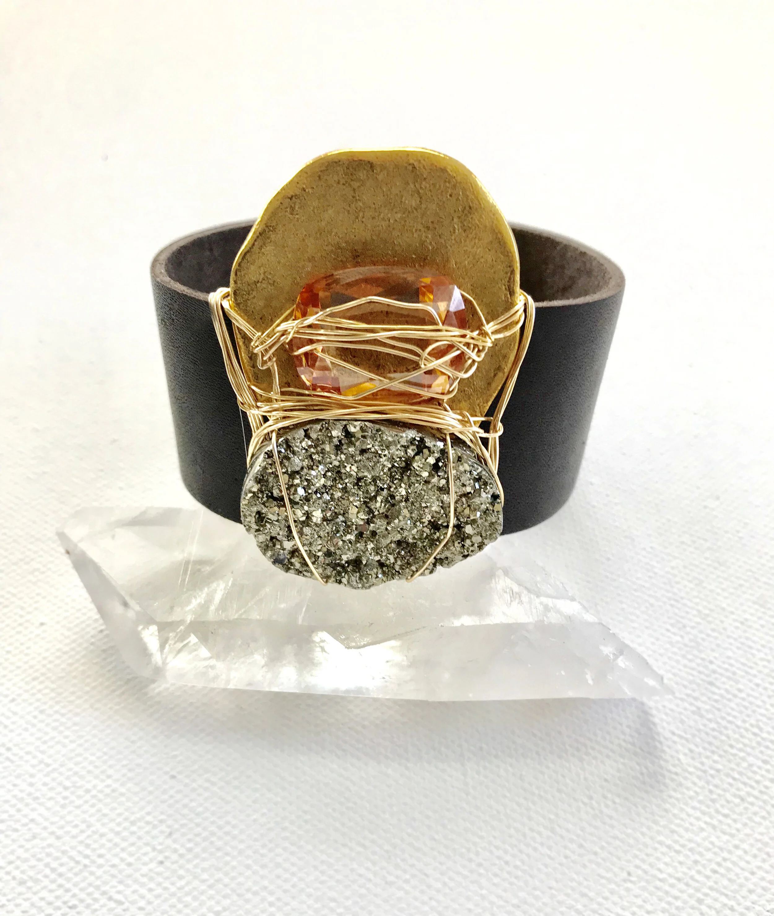 Citrine Pyrite Gold Plated Pewter Leather Cuff 
