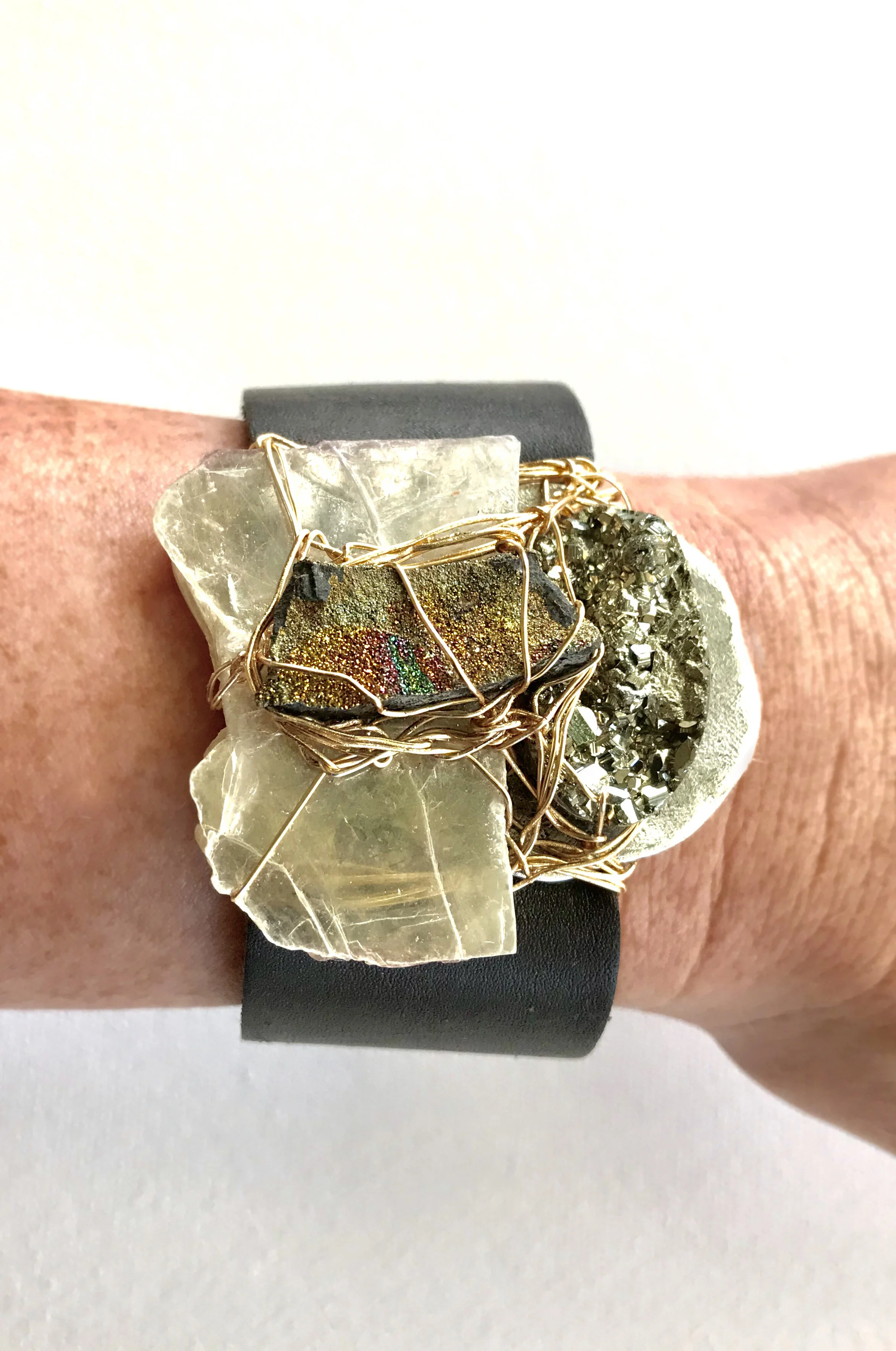 Mica Pyrite Drusy Leather Cuff 