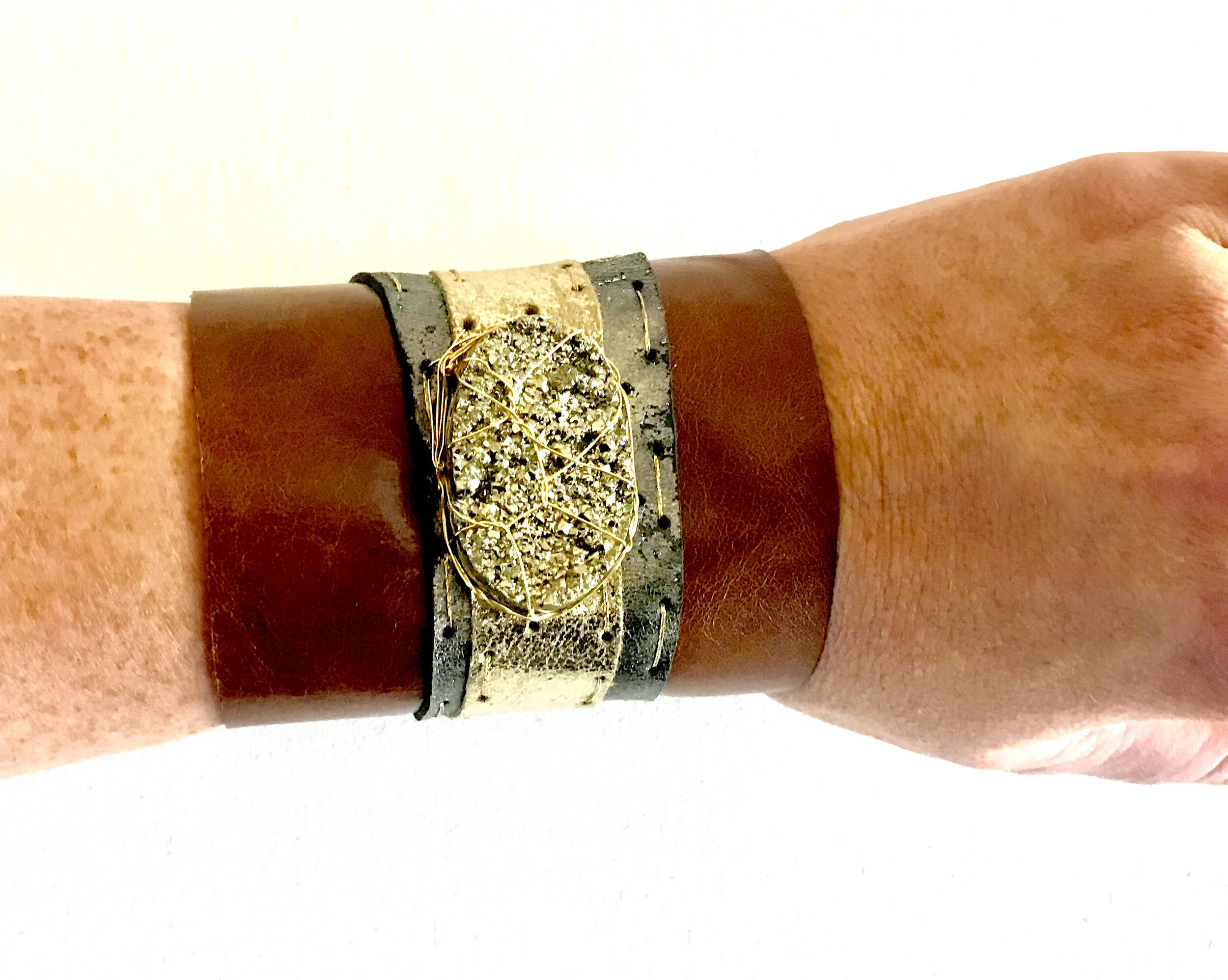 Brown Mixed Leather Pyrite Cuff 