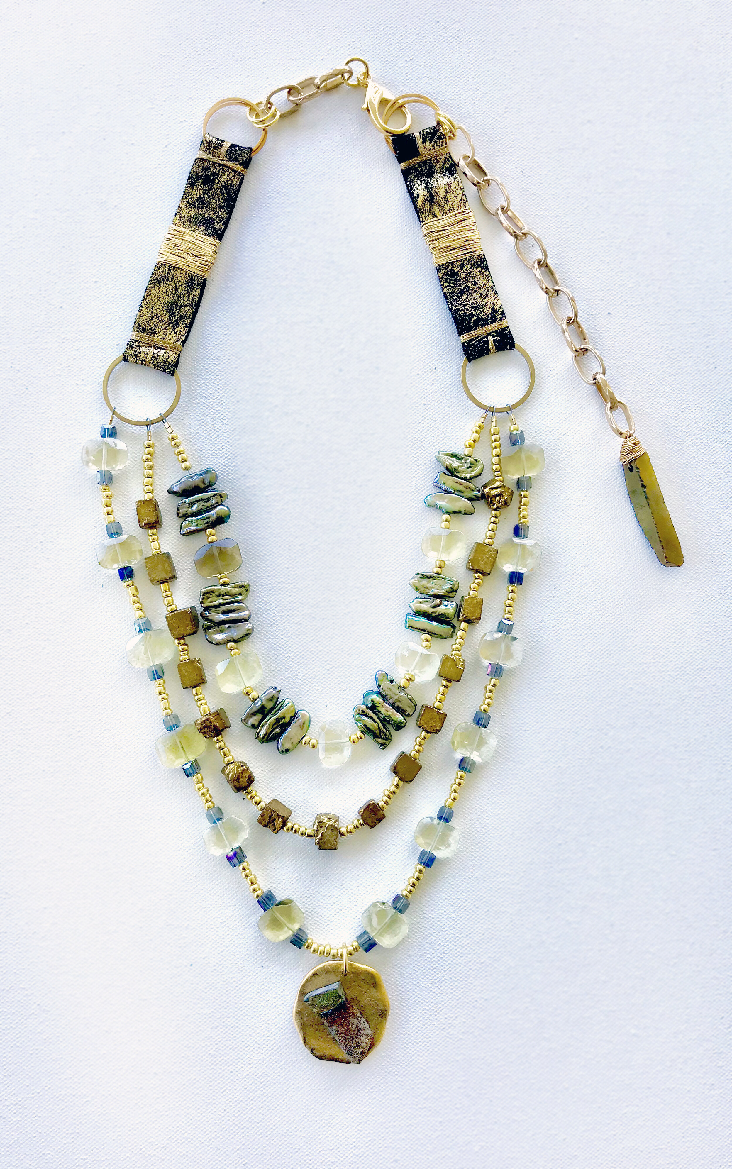 Metallic Leather Lemon Quartz Shell Statement Necklace 