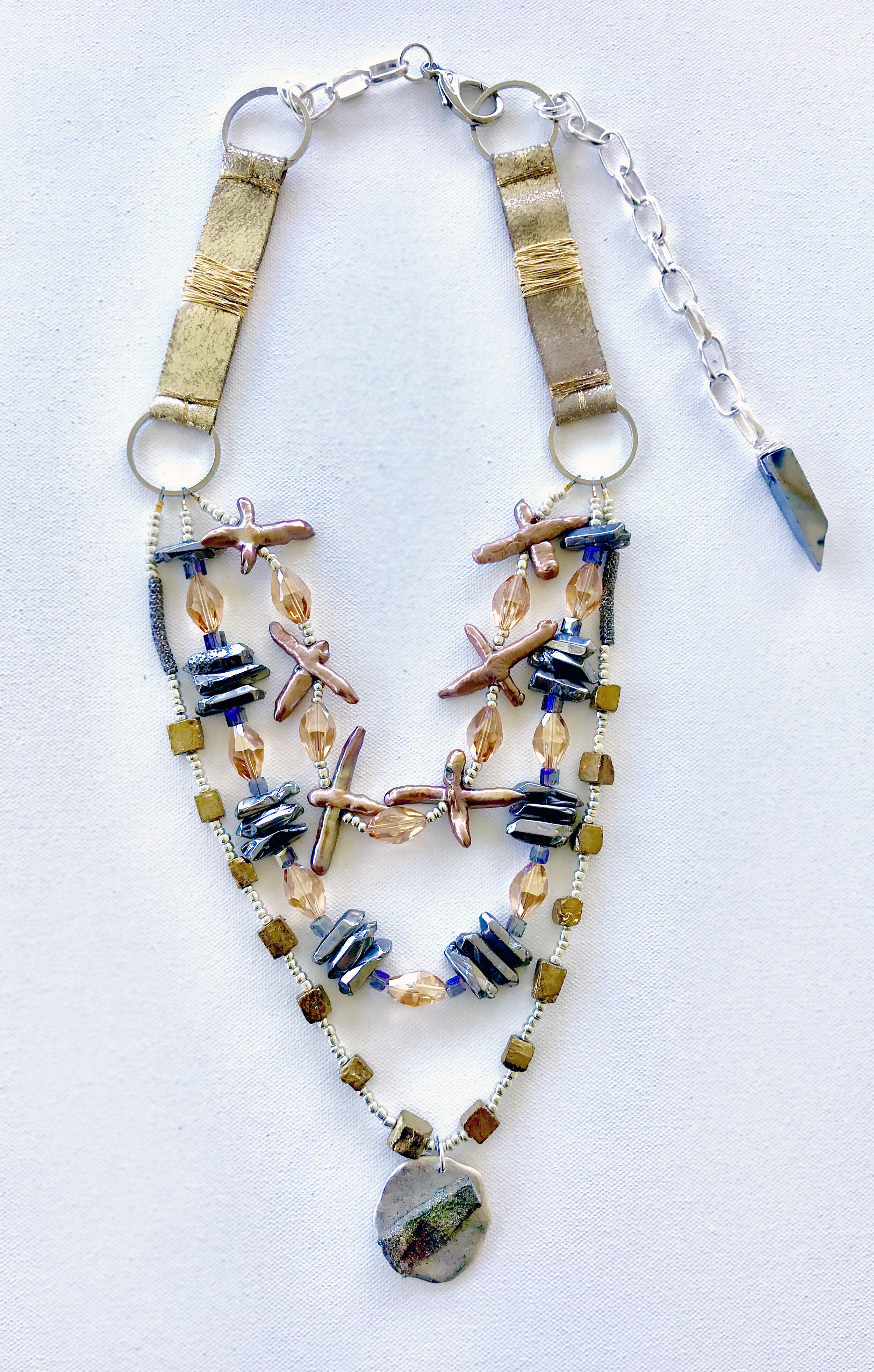Metallic Leather Shell Plated Quartz Statement Necklace 